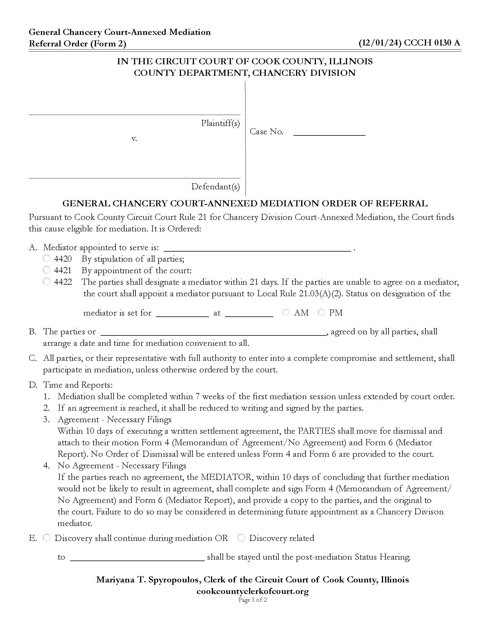 General Chancery Court-Annexed Mediation Order Of Referral {CCCH 0130} | Pdf Fpdf Doc Docx | Illinois