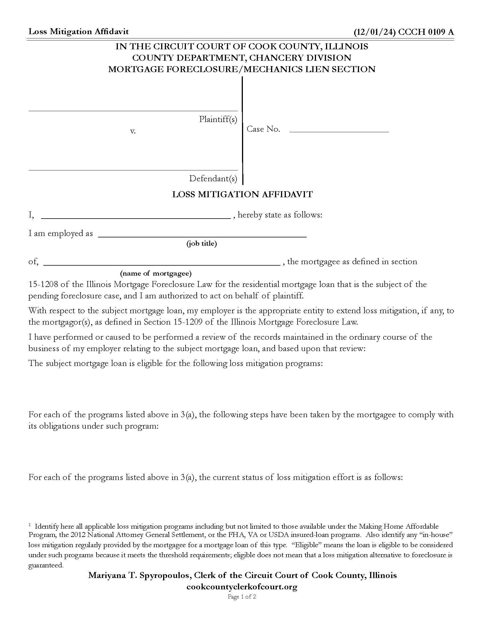 Loss Mitigation Affidavit {CCCH 0109} | Pdf Fpdf Docx | Illinois