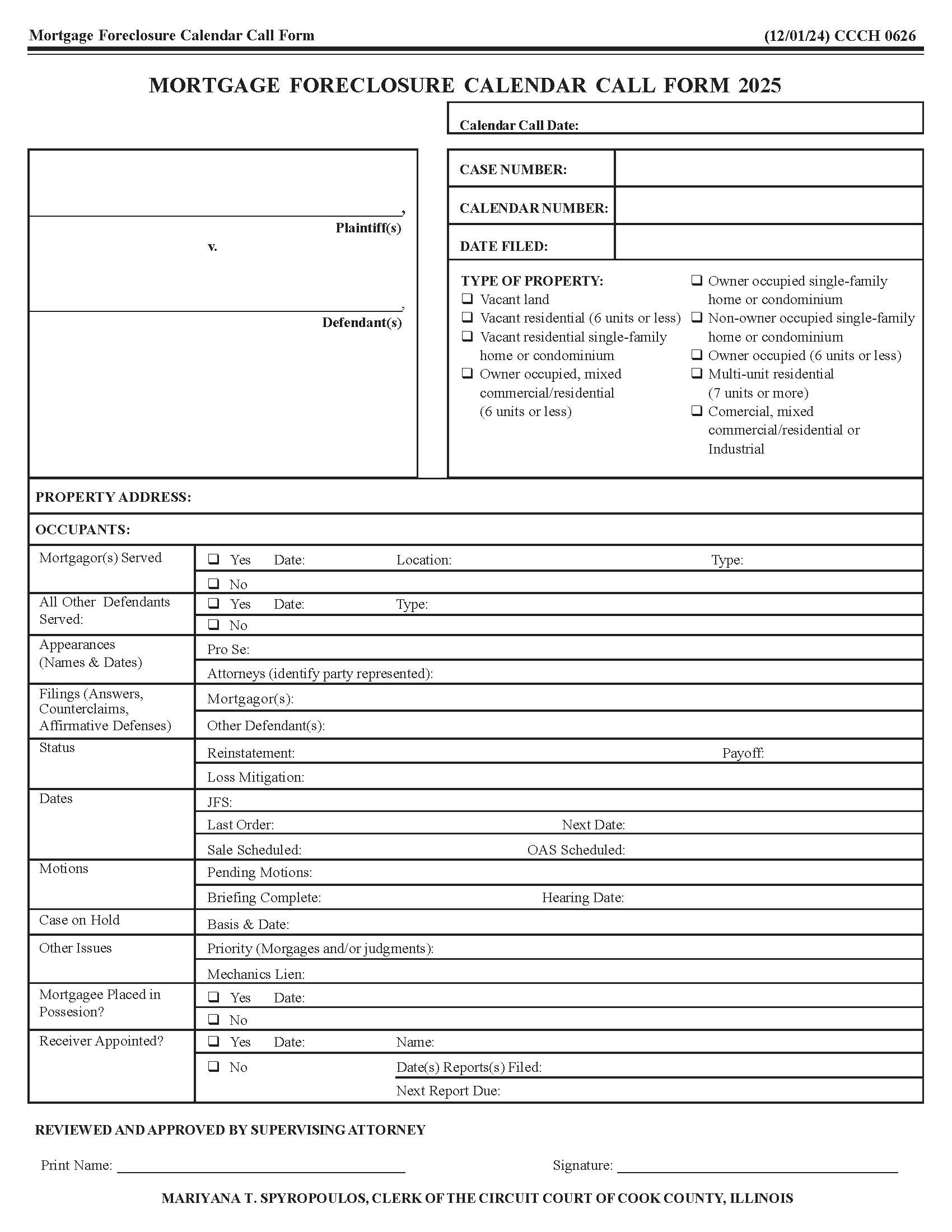 Mortgage Foreclosure Calendar Call Form {CCCH 0626} | Pdf Fpdf Docx | Illinois