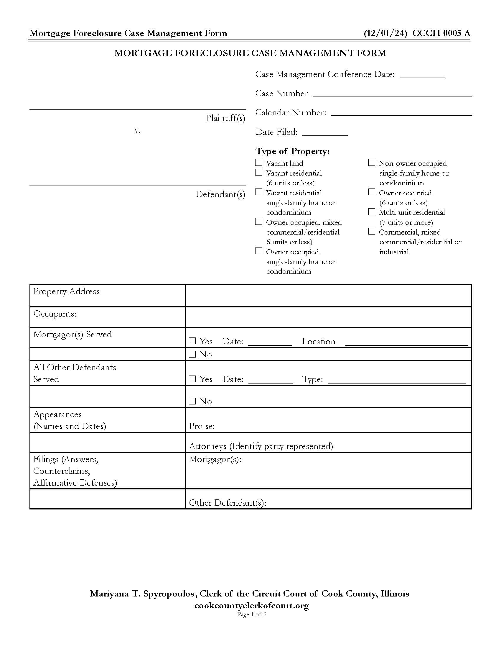 Mortgage Foreclosure Case Management Form {CCCH 0005} | Pdf Fpdf Doc Docx | Illinois
