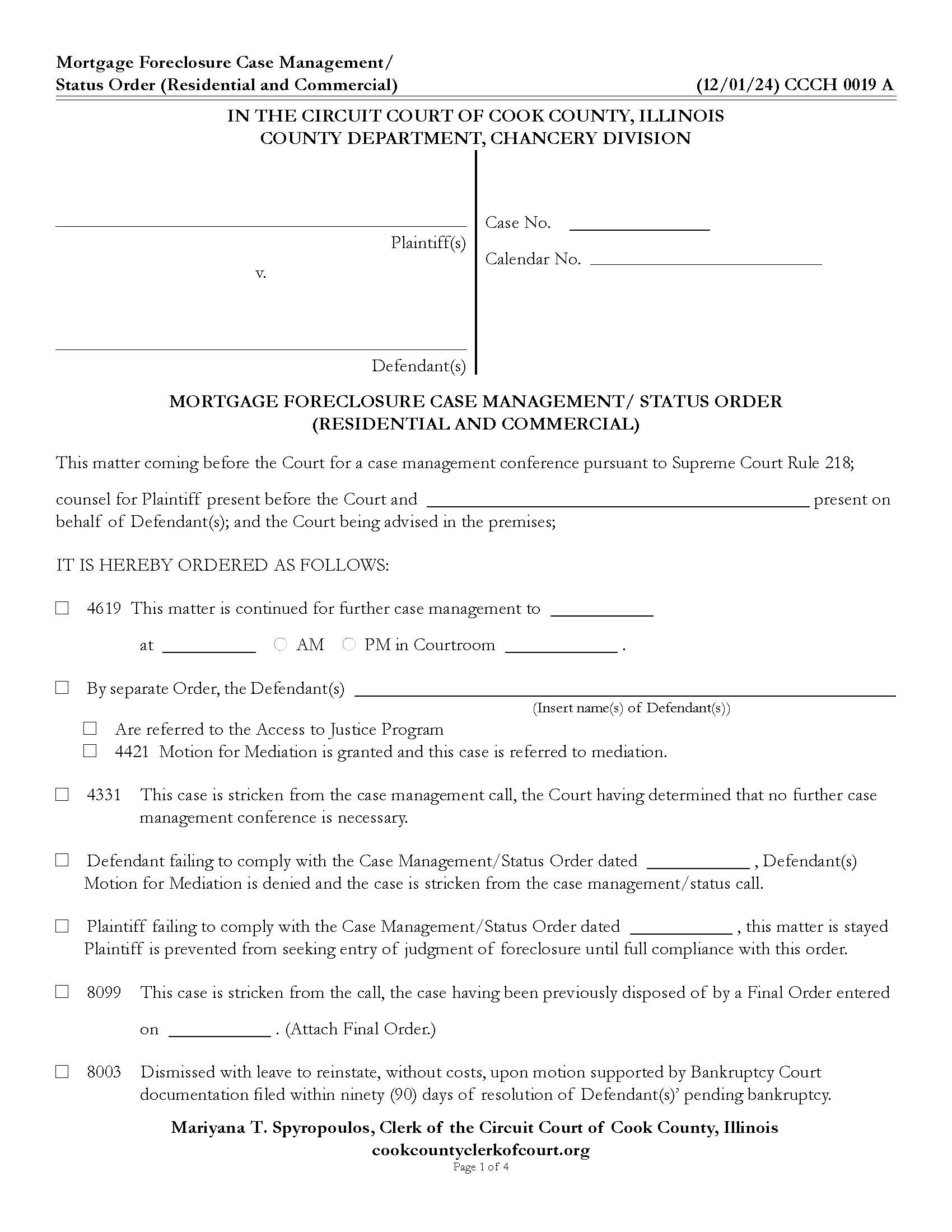 Mortgage Foreclosure Case Management-Status Order (Residential And Commercial) {CCCH 0019} | Pdf Fpdf Doc Docx | Illinois