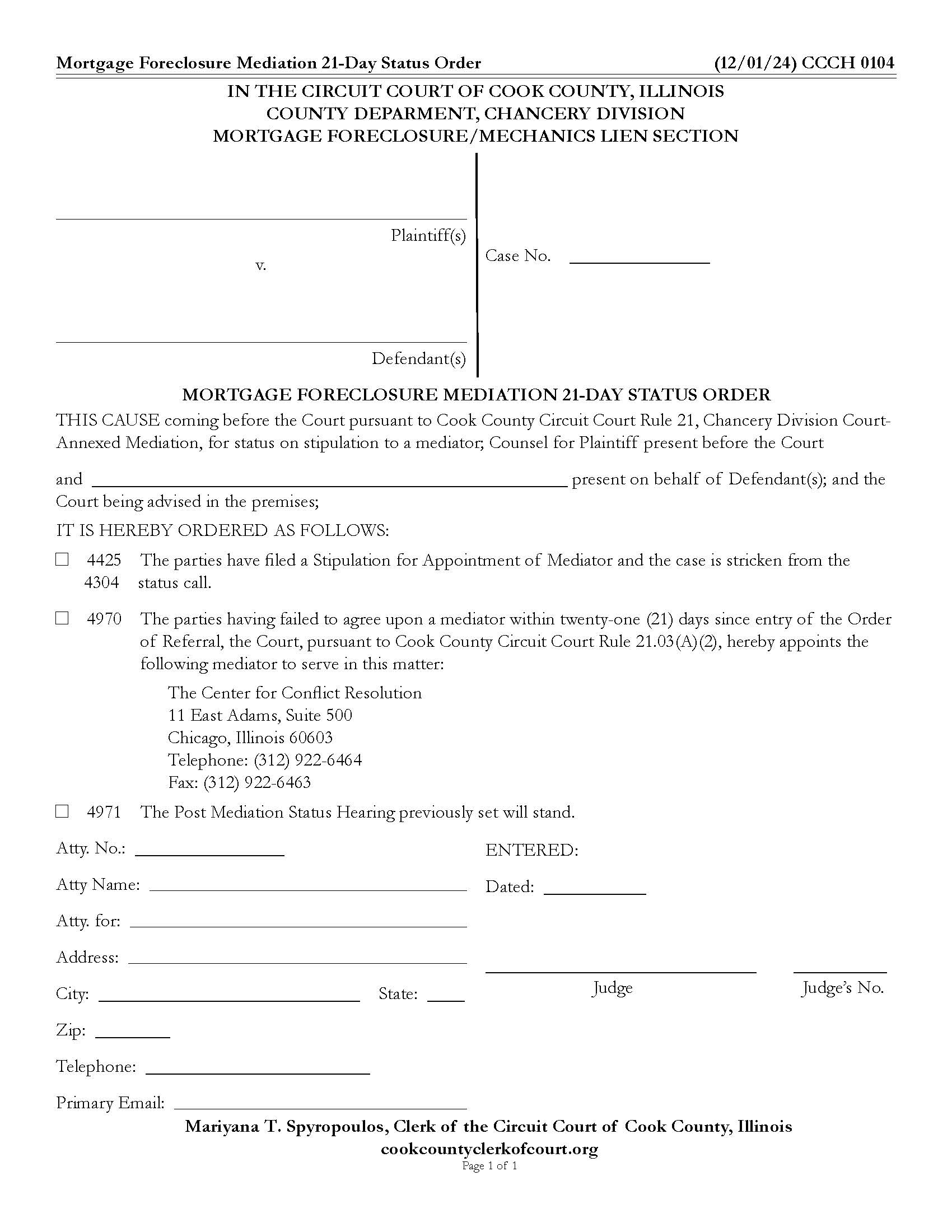 Mortgage Foreclosure Mediation 21-Day Status Order {CCCH 0104} | Pdf Fpdf Doc Docx | Illinois