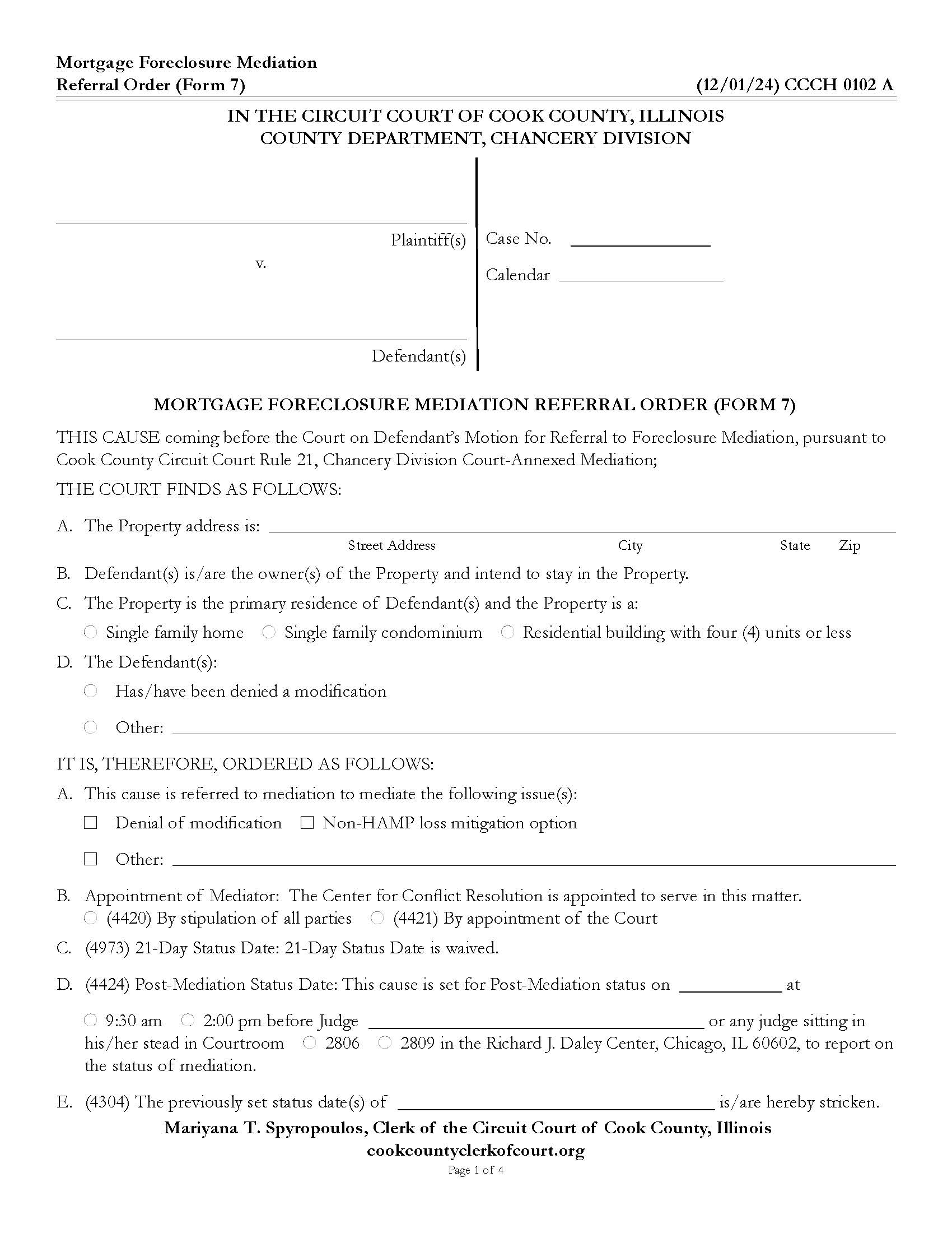 Mortgage Foreclosure Mediation Referral Order (Form 7) {CCCH 0102} | Pdf Fpdf Doc Docx | Illinois