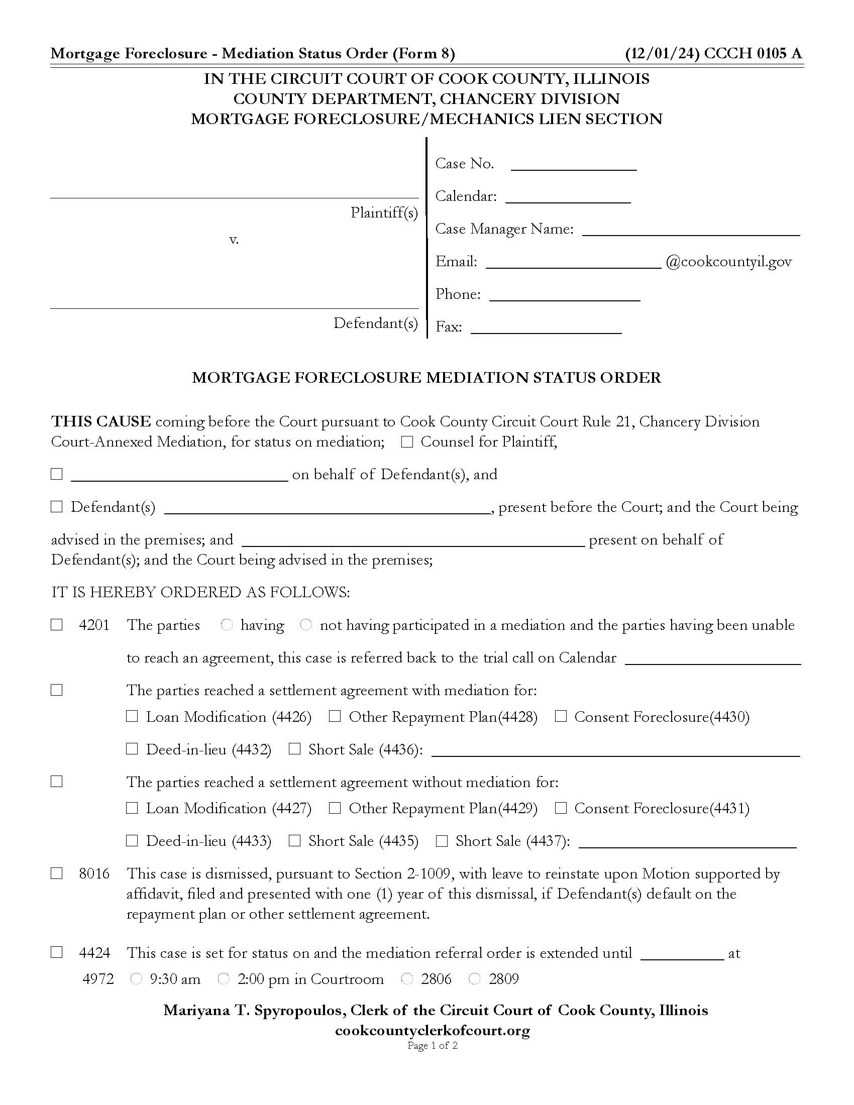 Mortgage Foreclosure Mediation Status Order (Form 8) {CCCH 0105} | Pdf Fpdf Doc Docx | Illinois