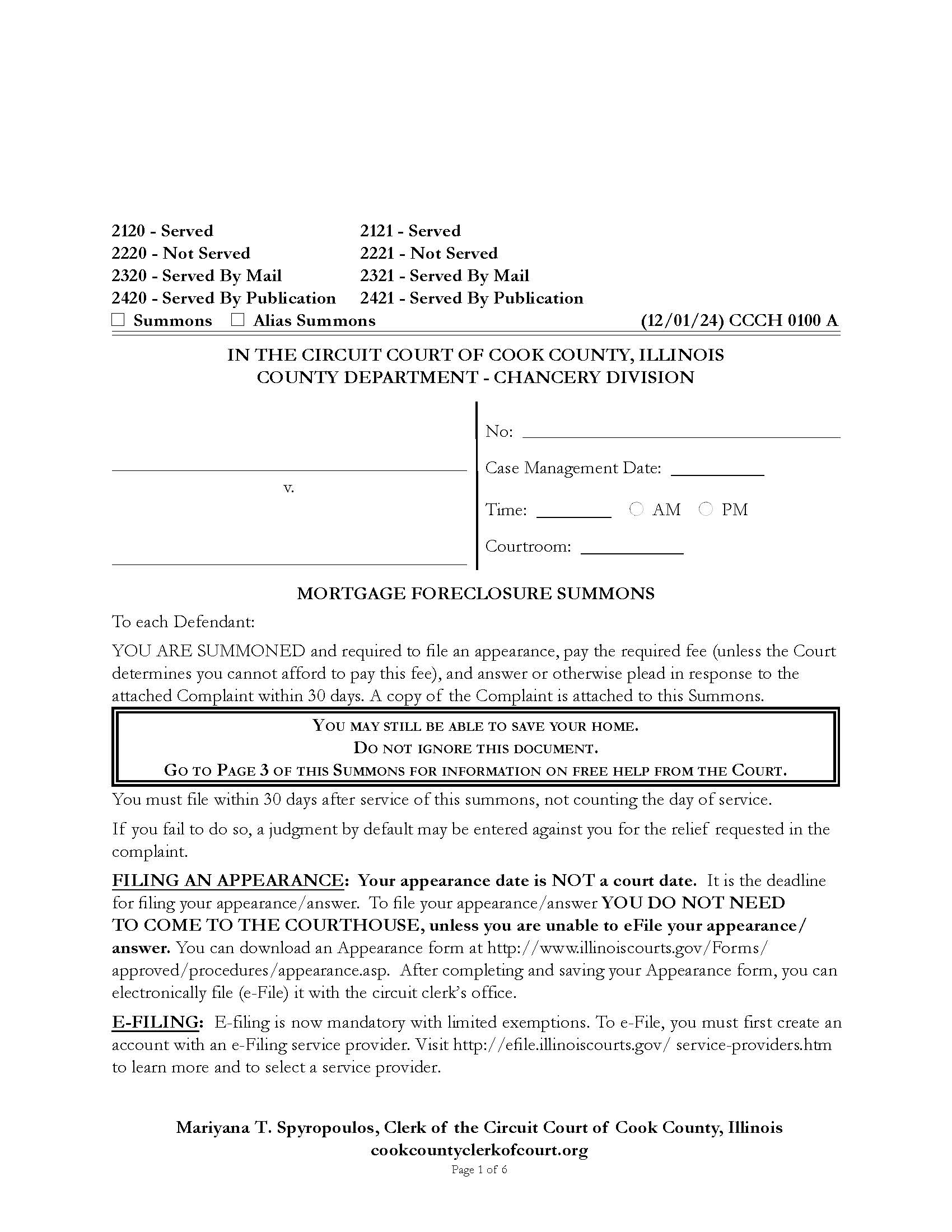 Mortgage Foreclosure Summons {CCCH 0100} | Pdf Fpdf Docx | Illinois