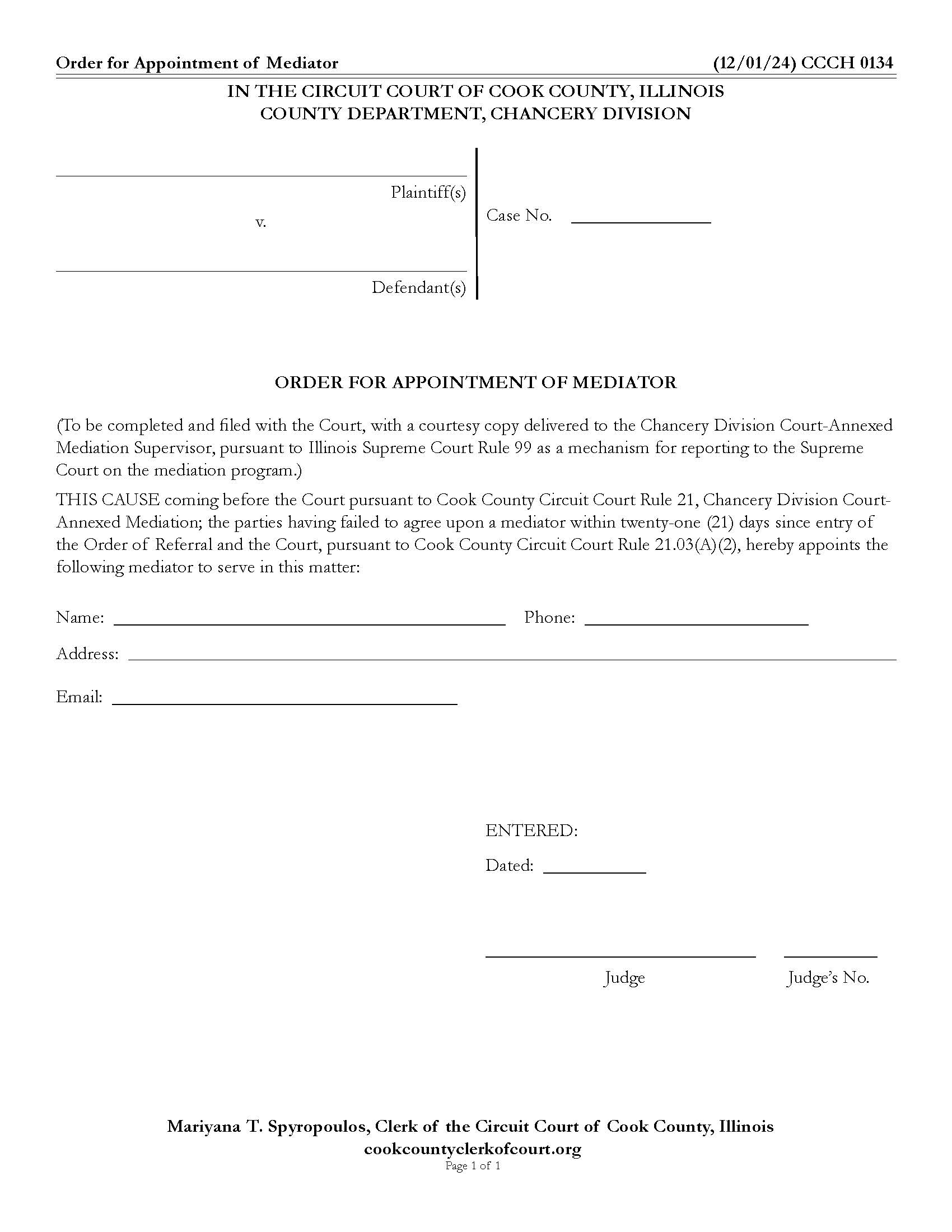 Order For Appointment Of Mediator {CCCH 0134} | Pdf Fpdf Doc Docx | Illinois
