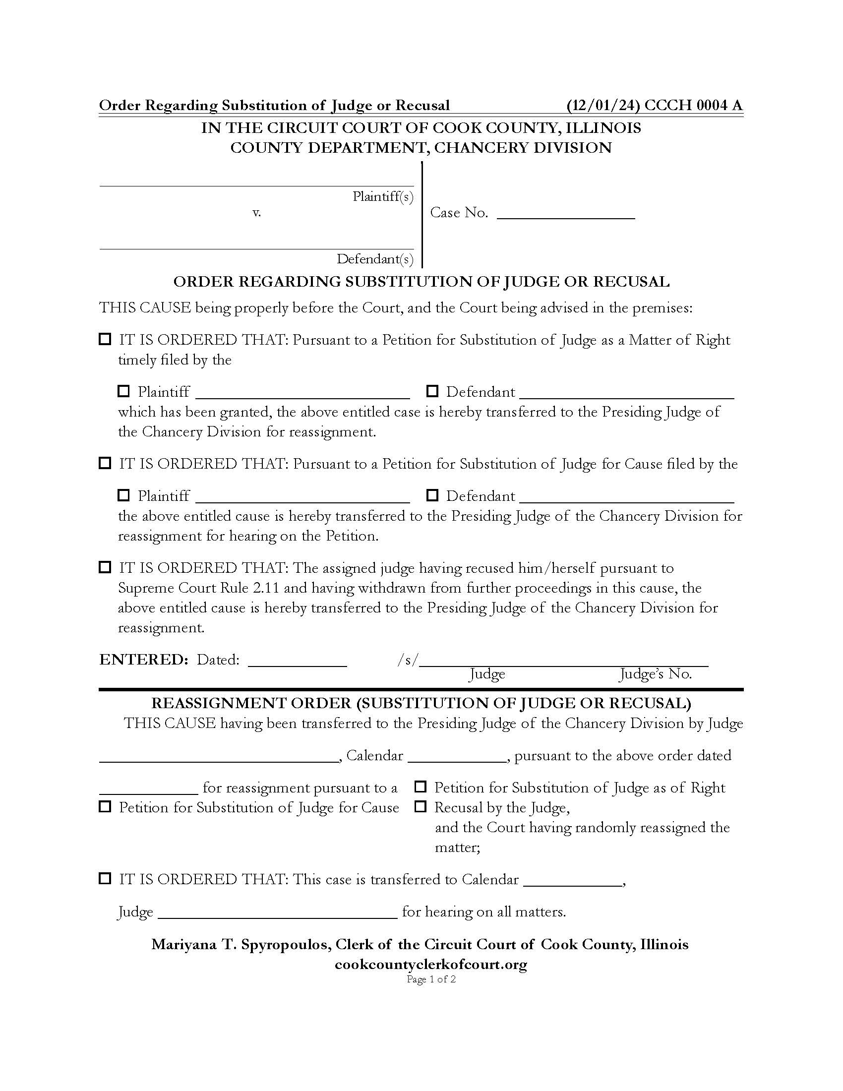 Order Regarding Substitution Of Judge Or Recusal {CCCH 0004} | Pdf Fpdf Docx | Illinois