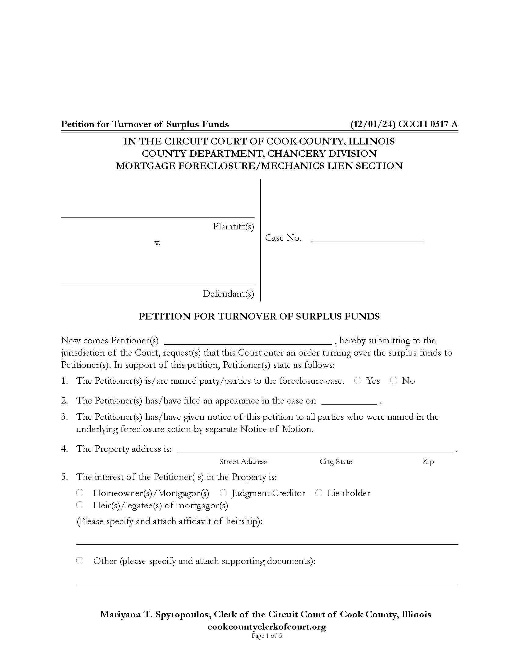 Petition For Turnover Of Surplus Funds {CCCH 0317} | Pdf Fpdf Docx | Illinois