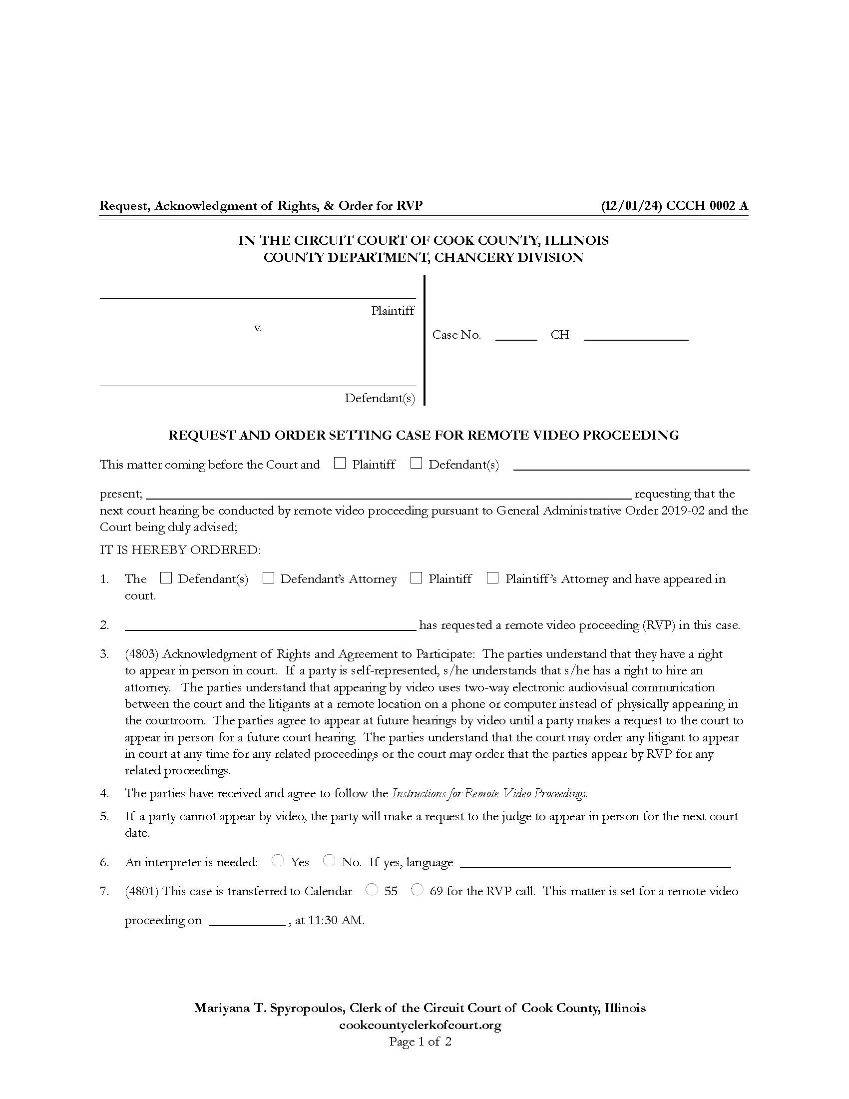 Request And Order Setting Case For Remote Video Proceeding {CCCH 0002} | Pdf Fpdf Docx | Illinois