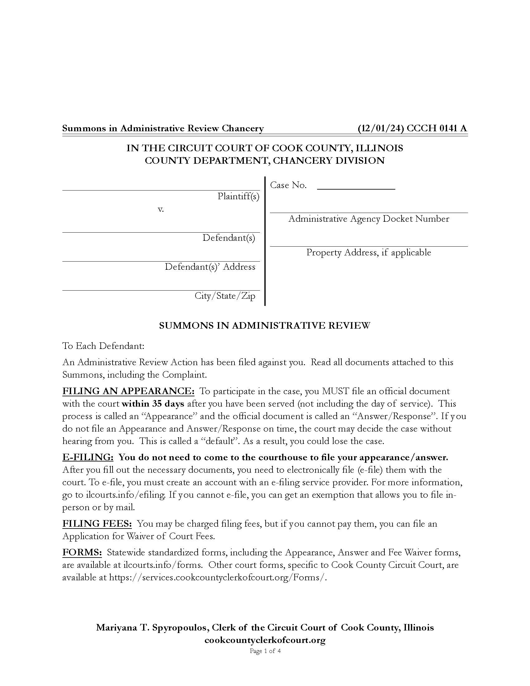 Summons In Administrative Review {CCCH 0141} | Pdf Fpdf Docx | Illinois