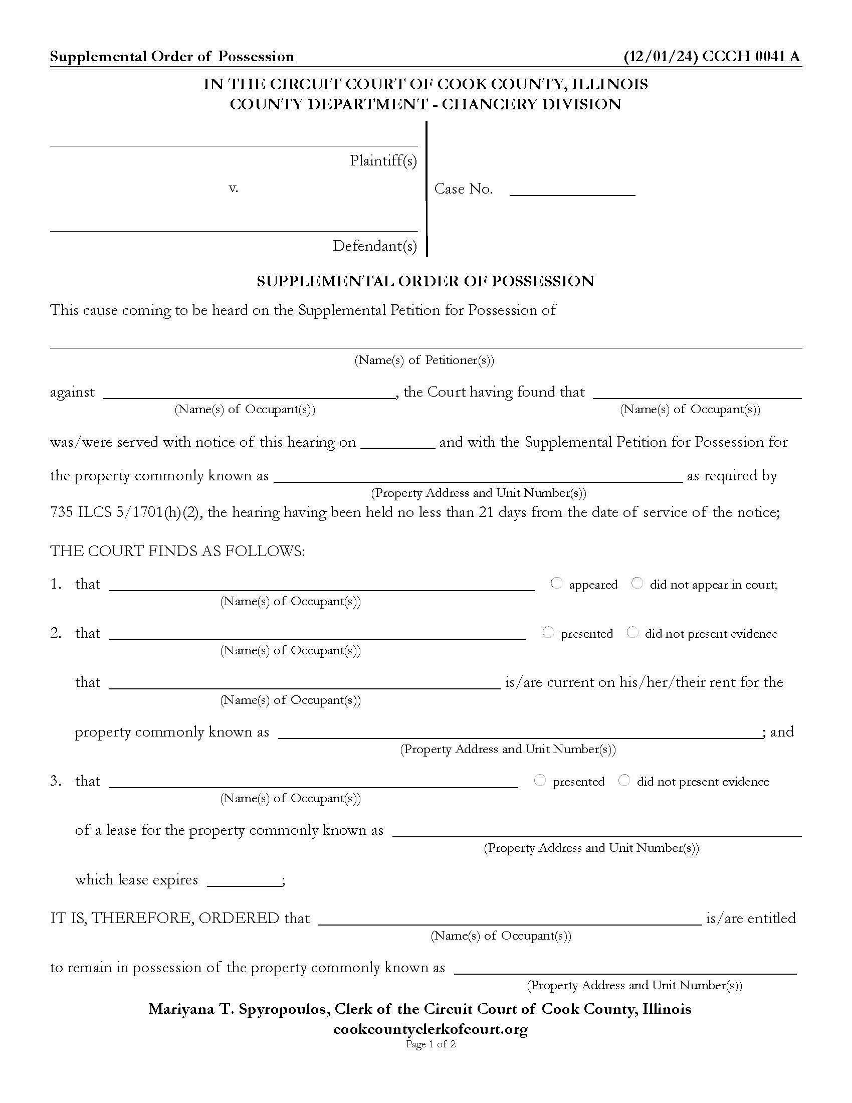 Supplemental Order Of Possession {CCCH 0041} | Pdf Fpdf Doc Docx | Illinois