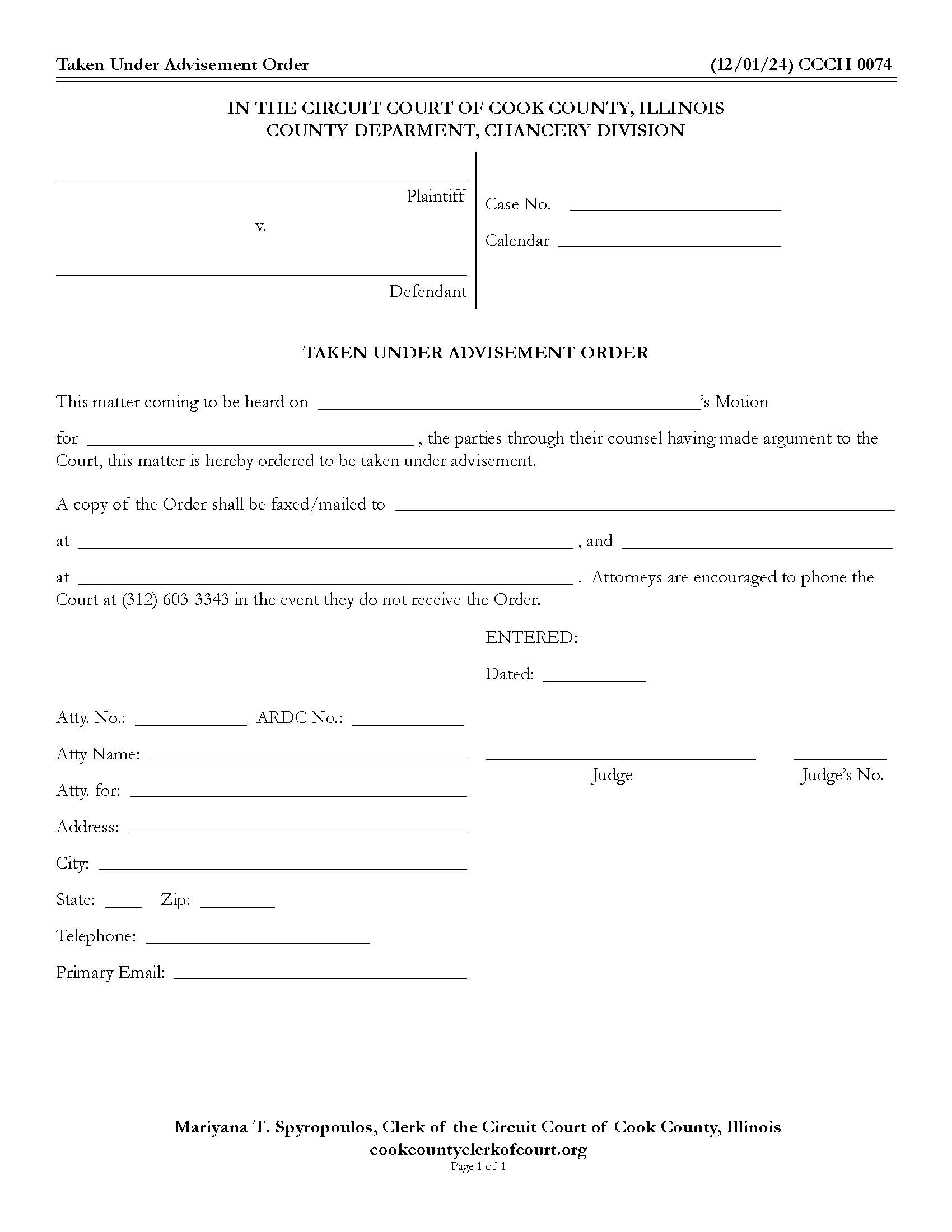 Taken Under Advisement Order {CCCH 0074} | Pdf Fpdf Doc Docx | Illinois