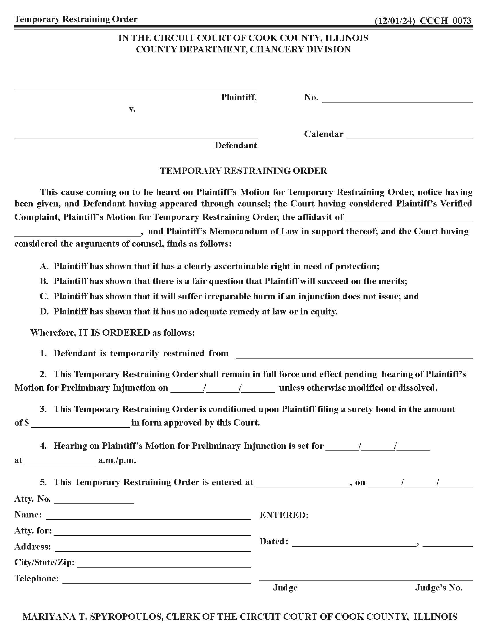 Temporary Restraining Order {CCCH 0073} | Pdf Fpdf Doc Docx | Illinois