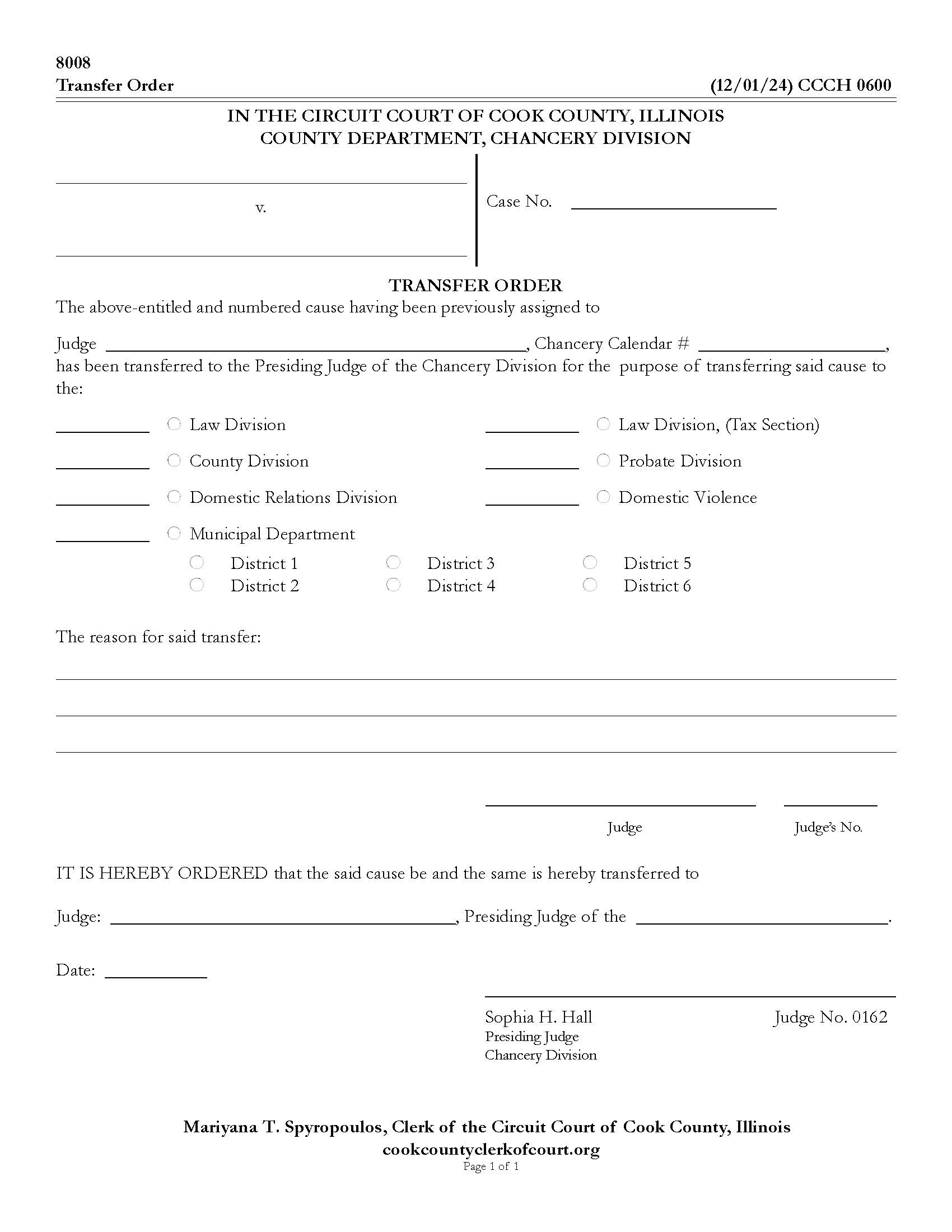 Transfer Order {CCCH 0600} | Pdf Fpdf Doc Docx | Illinois