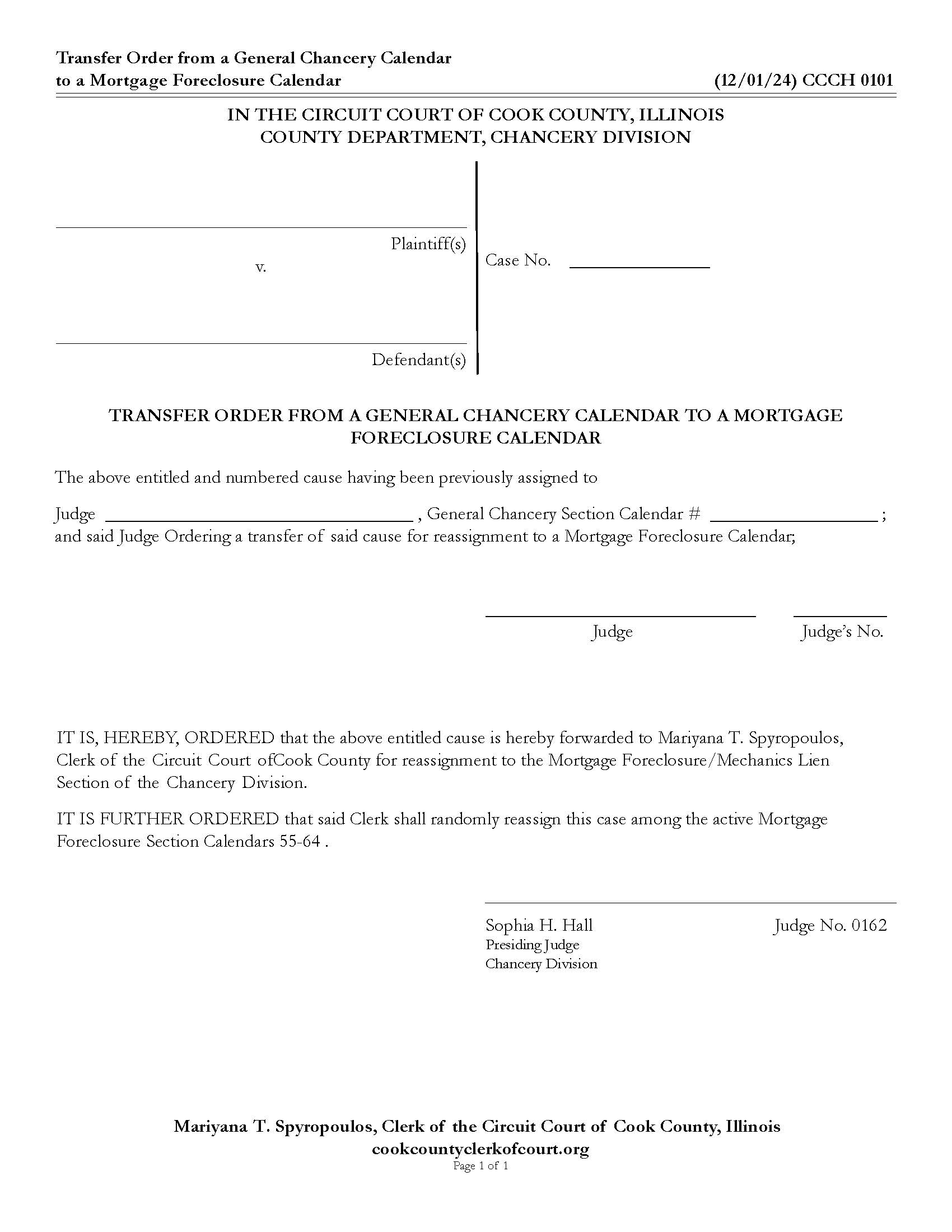 Transfer Order Chancery Calendar To Mortgage Foreclosure Calendar {CCCH 0101} | Pdf Fpdf Doc Docx | Illinois