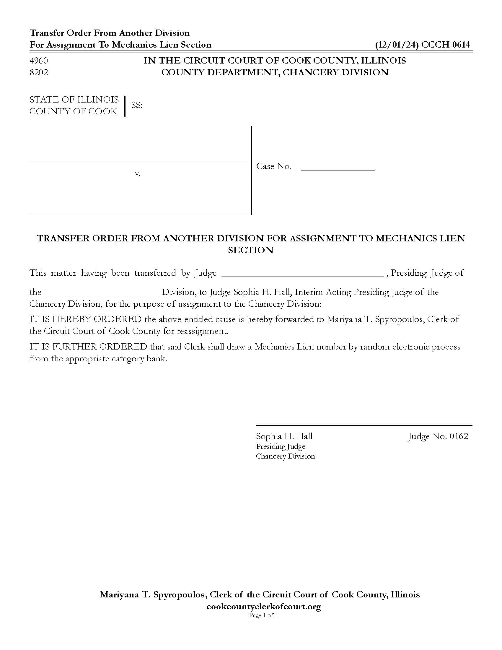 Transfer Order From Another Division To Mechanics Lien Section {CCCH 0614} | Pdf Fpdf Doc Docx | Illinois
