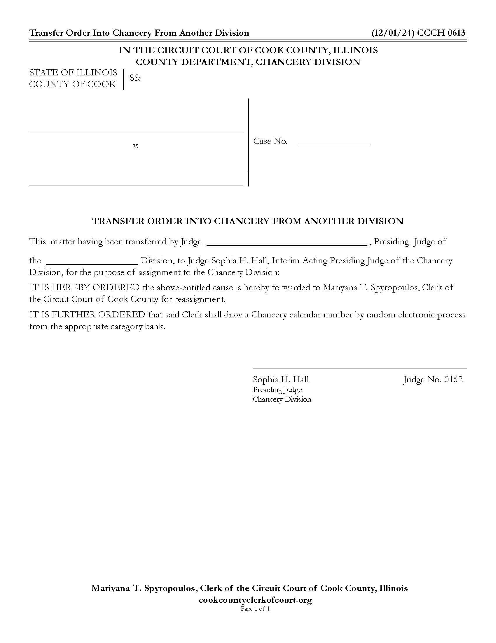 Transfer Order Into Chancery From Another Division {CCCH 0613} | Pdf Fpdf Doc Docx | Illinois