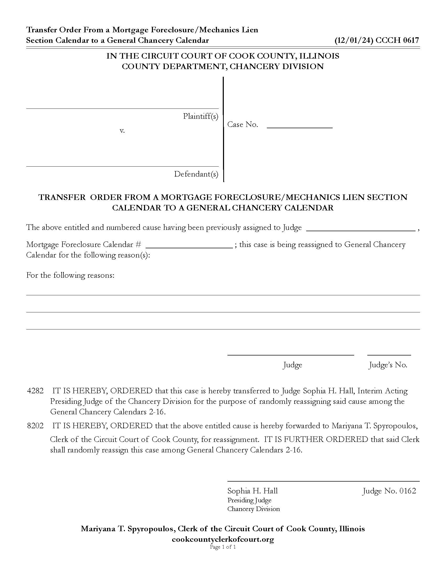 Transfer Order Mortgage Foreclosure Mechanics Lien Calendar To Chancery {CCCH 0617} | Pdf Fpdf Doc Docx | Illinois