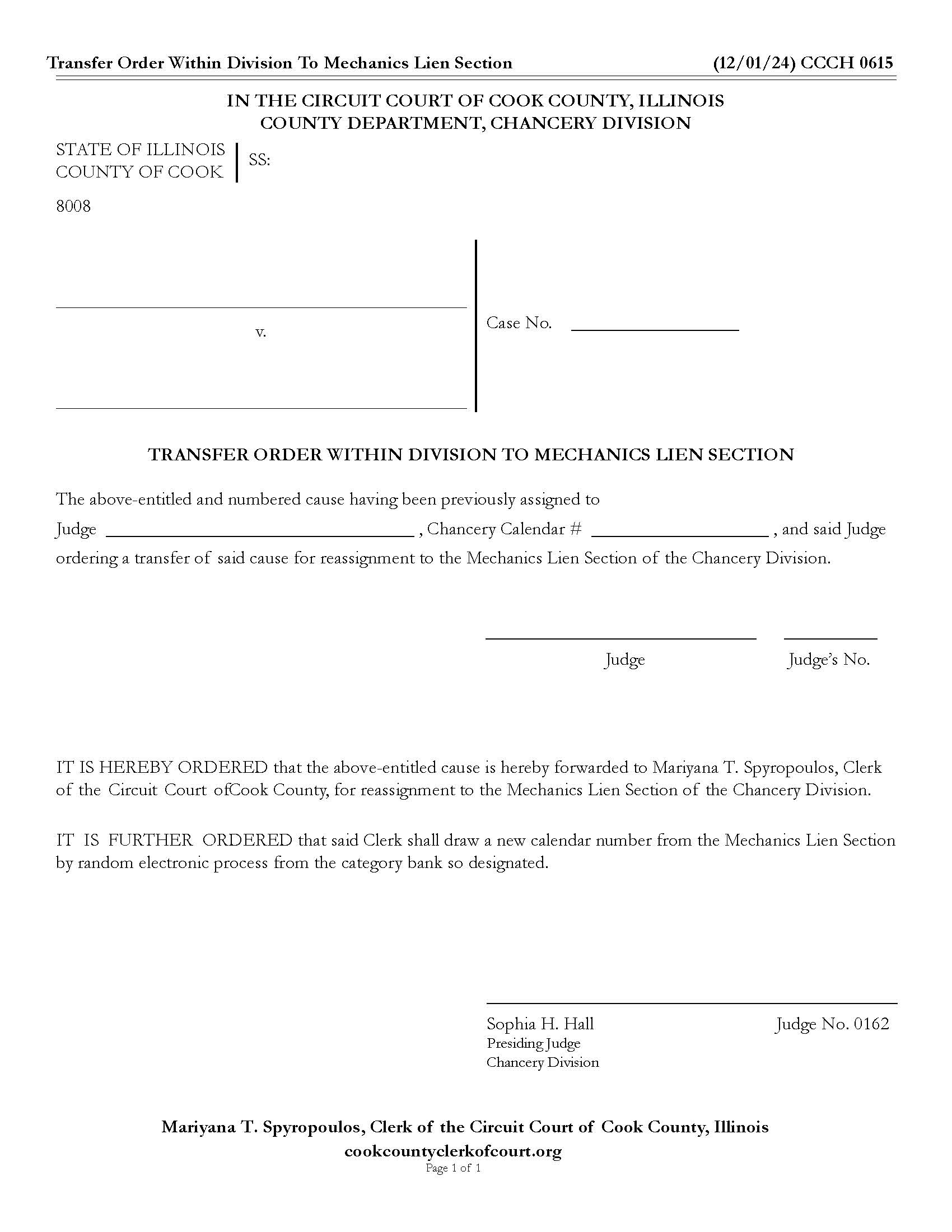 Transfer Order Within Division To Mechanics Lien Section {CCCH 0615} | Pdf Fpdf Doc Docx | Illinois