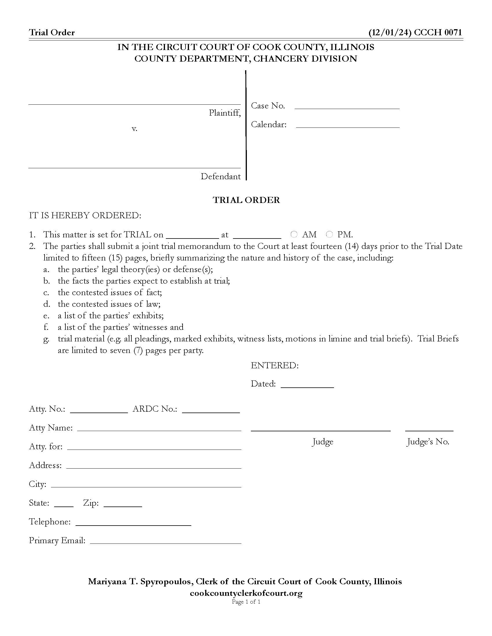 Trial Order {CCCH 0071} | Pdf Fpdf Docx | Illinois