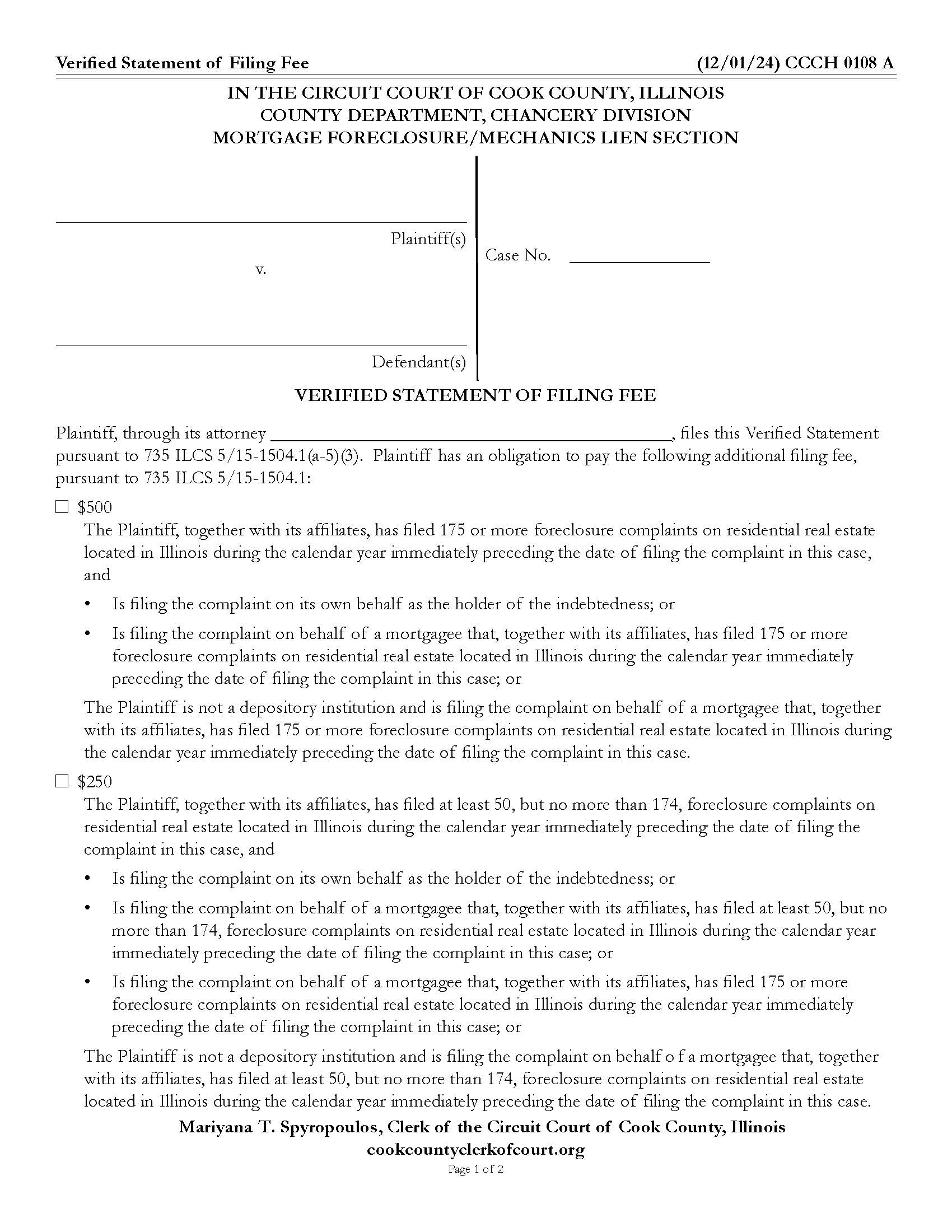 Verified Statement Of Filing Fee {CCCH 0108} | Pdf Fpdf Doc Docx | Illinois