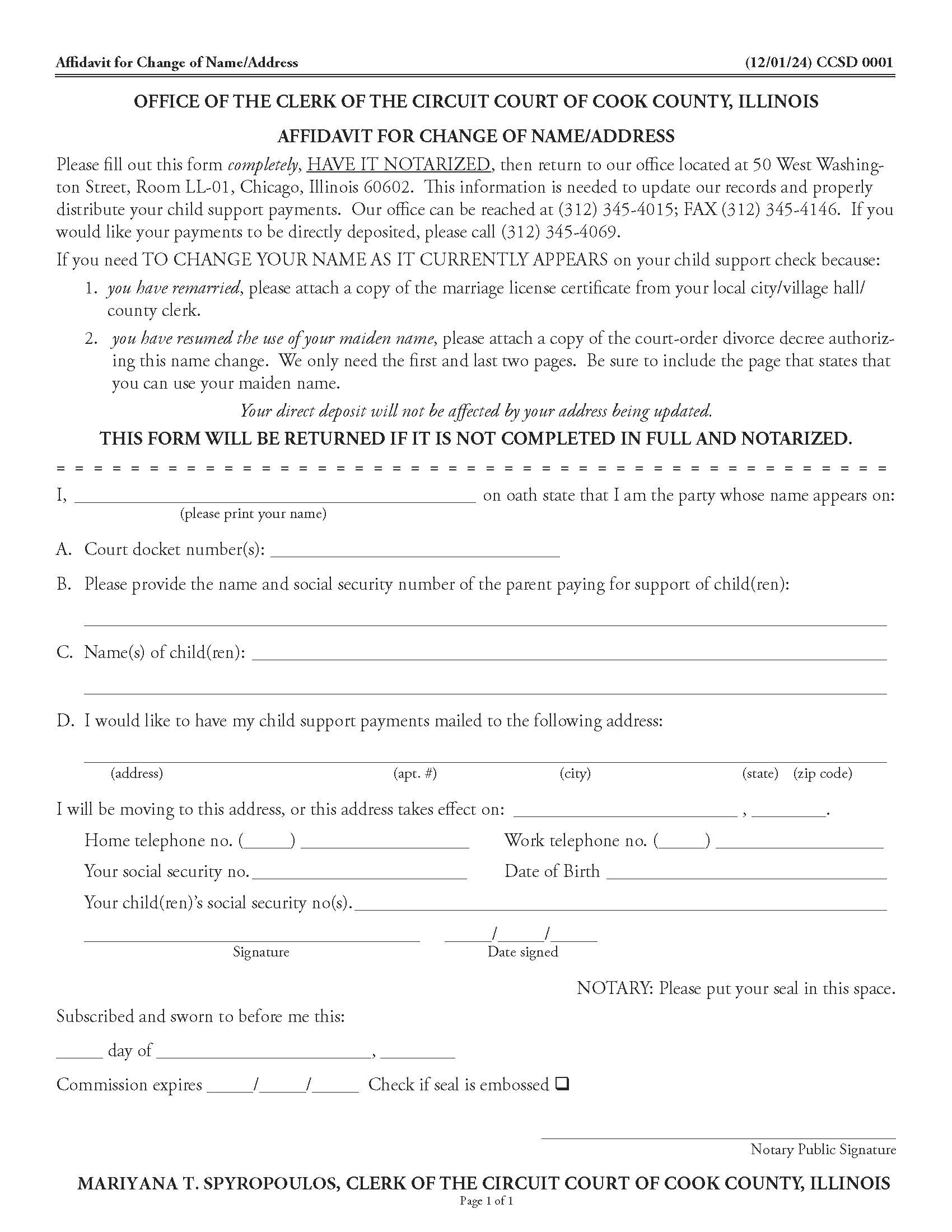 Affidavit For Change Of Name-Address {CCSD 0001} | Pdf Fpdf Doc Docx | Illinois