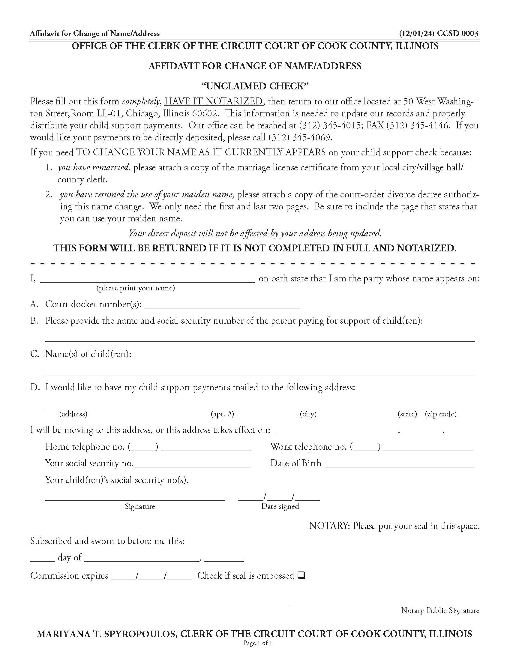 Affidavit For Change Of Name-Address (Unclaimed Check) {CCSD 0003} | Pdf Fpdf Doc Docx | Illinois