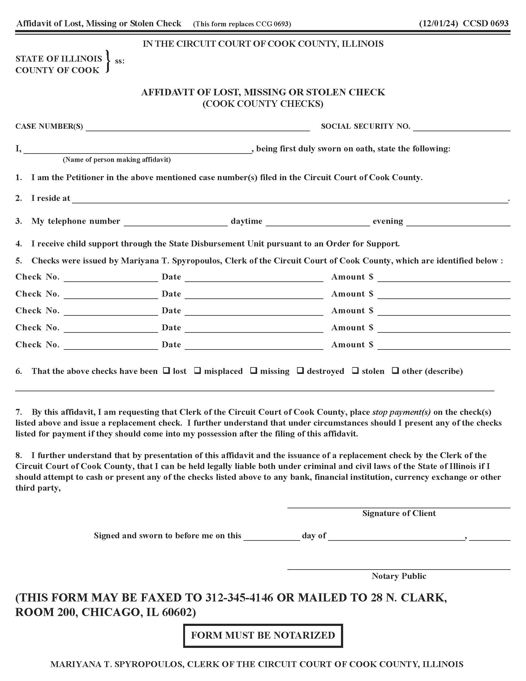 Affidavit Of Lost Missing Stolen Check (Cook County Checks) {CCSD 0693} | Pdf Fpdf Docx | Illinois