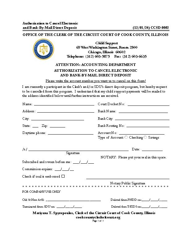Authorization To Cancel Electronic And Bank-By-Mail Direct Deposit {CCSD 0002} | Pdf Fpdf Doc Docx | Illinois