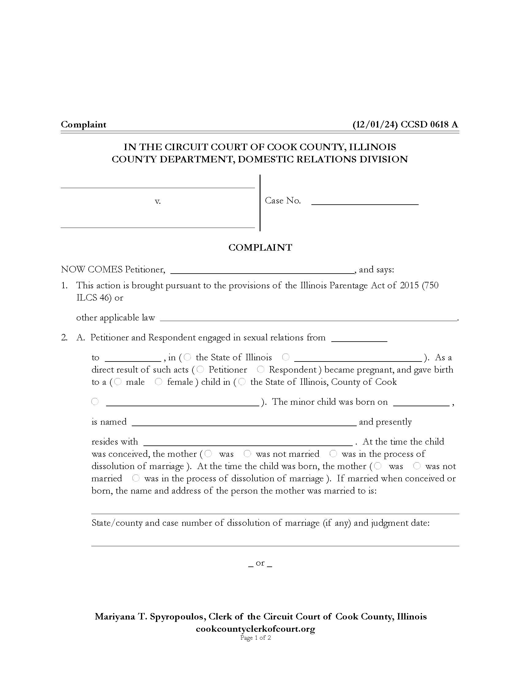 Complaint (Child Support) {CCSD 0618} | Pdf Fpdf Doc Docx | Illinois