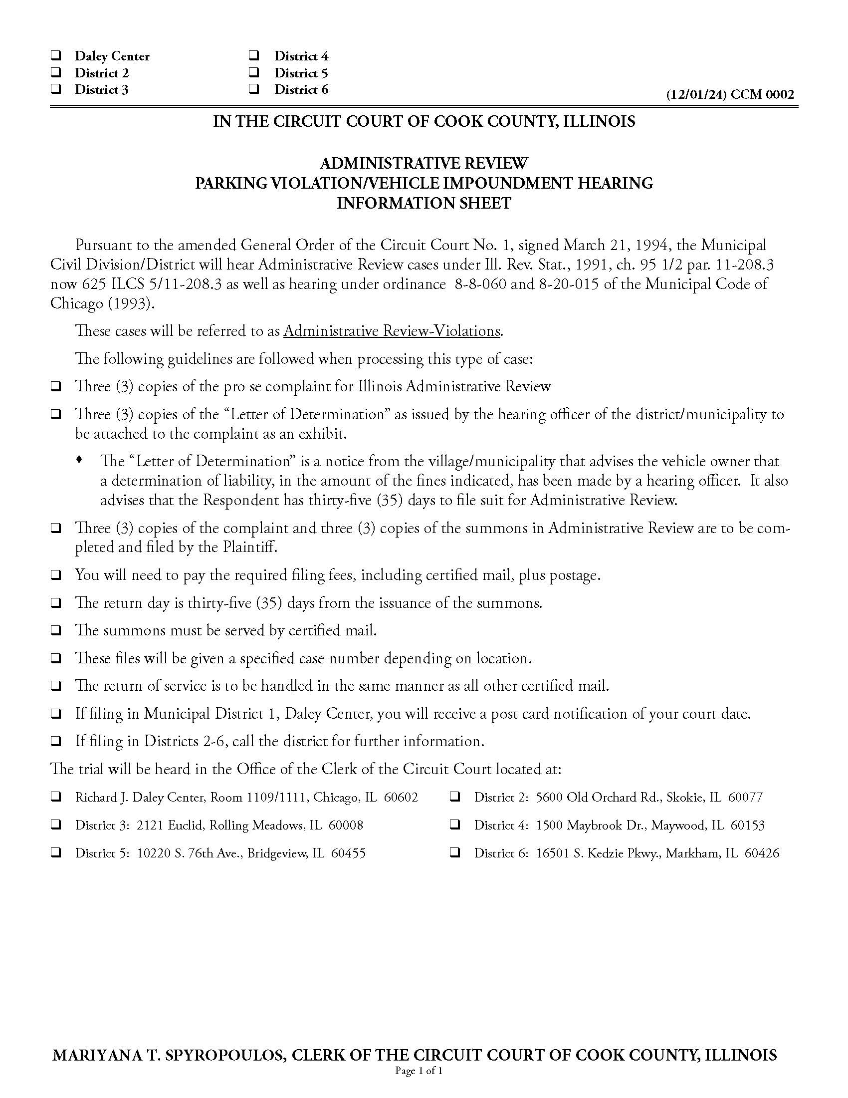 Administrative Review Parking Violation Vehicle Impoundment Hearing Information Sheet {CCM 0002} | Pdf Fpdf Docx | Illinois