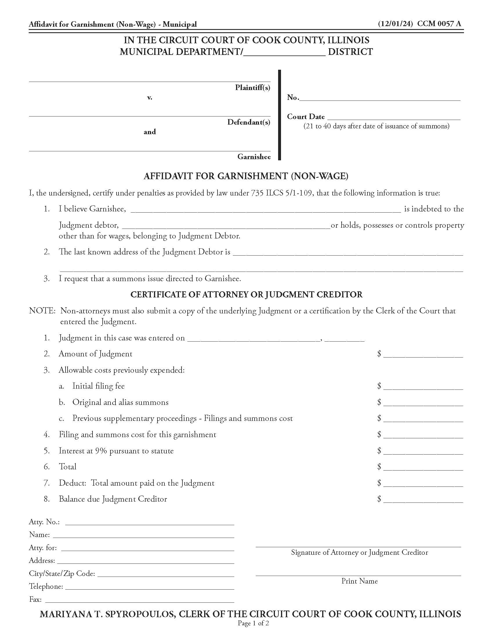 Affidavit For Garnishment (Non-Wage) {CCM 0057} | Pdf Fpdf Docx | Illinois