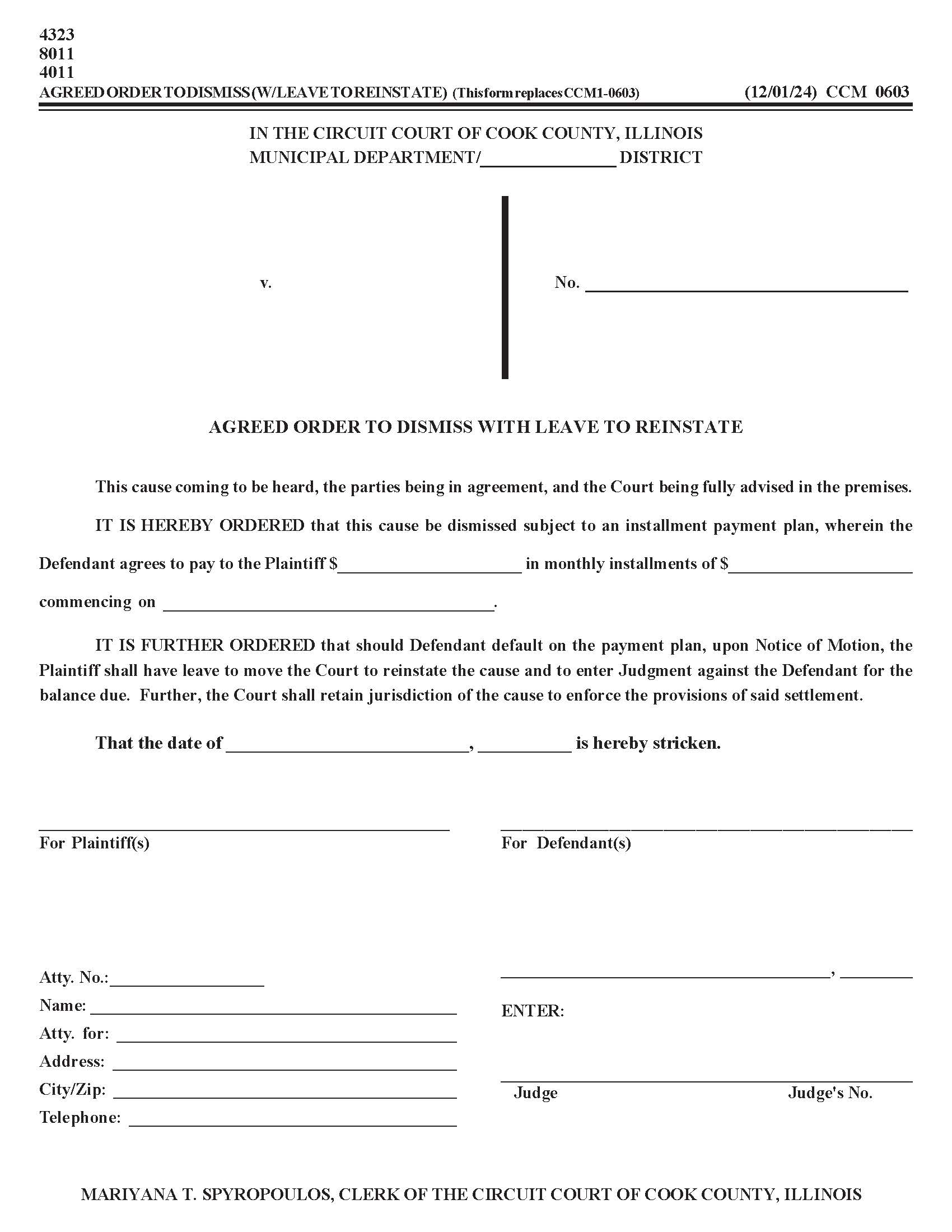 Agreed Order To Dismiss With Leave To Reinstate {CCM 0603} | Pdf Fpdf Docx | Illinois