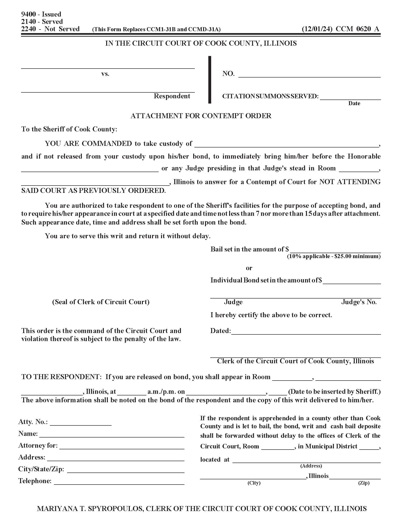 Attachment For Contempt Order {CCM 0620} | Pdf Fpdf Docx | Illinois