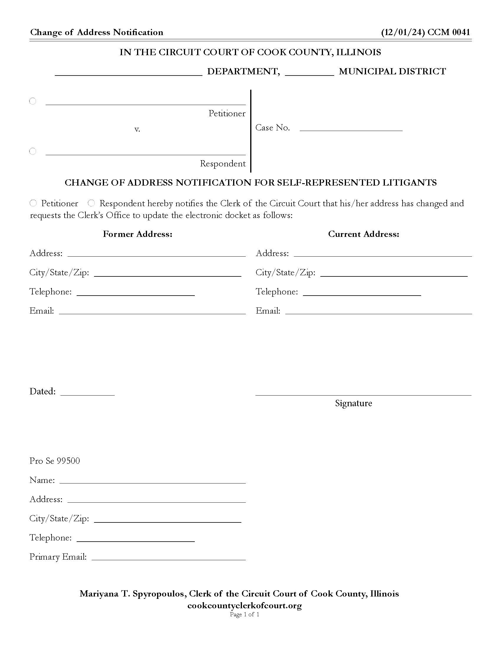 Change Of Address Notification For Pro Se Litigants {CCM 0041} | Pdf Fpdf Docx | Illinois