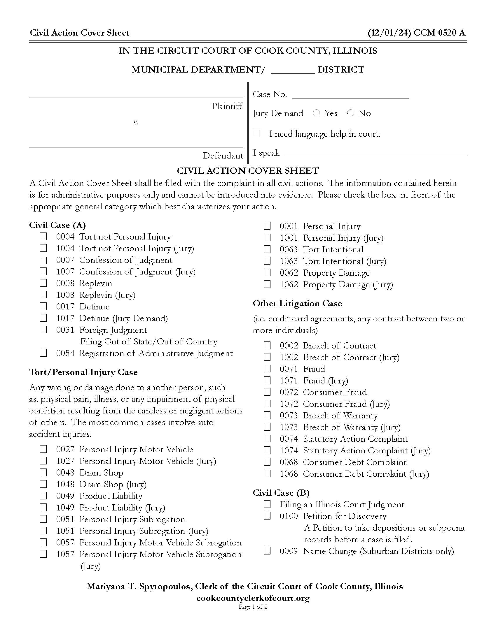 Civil Action Cover Sheet {CCM 0520} | Pdf Fpdf Docx | Illinois