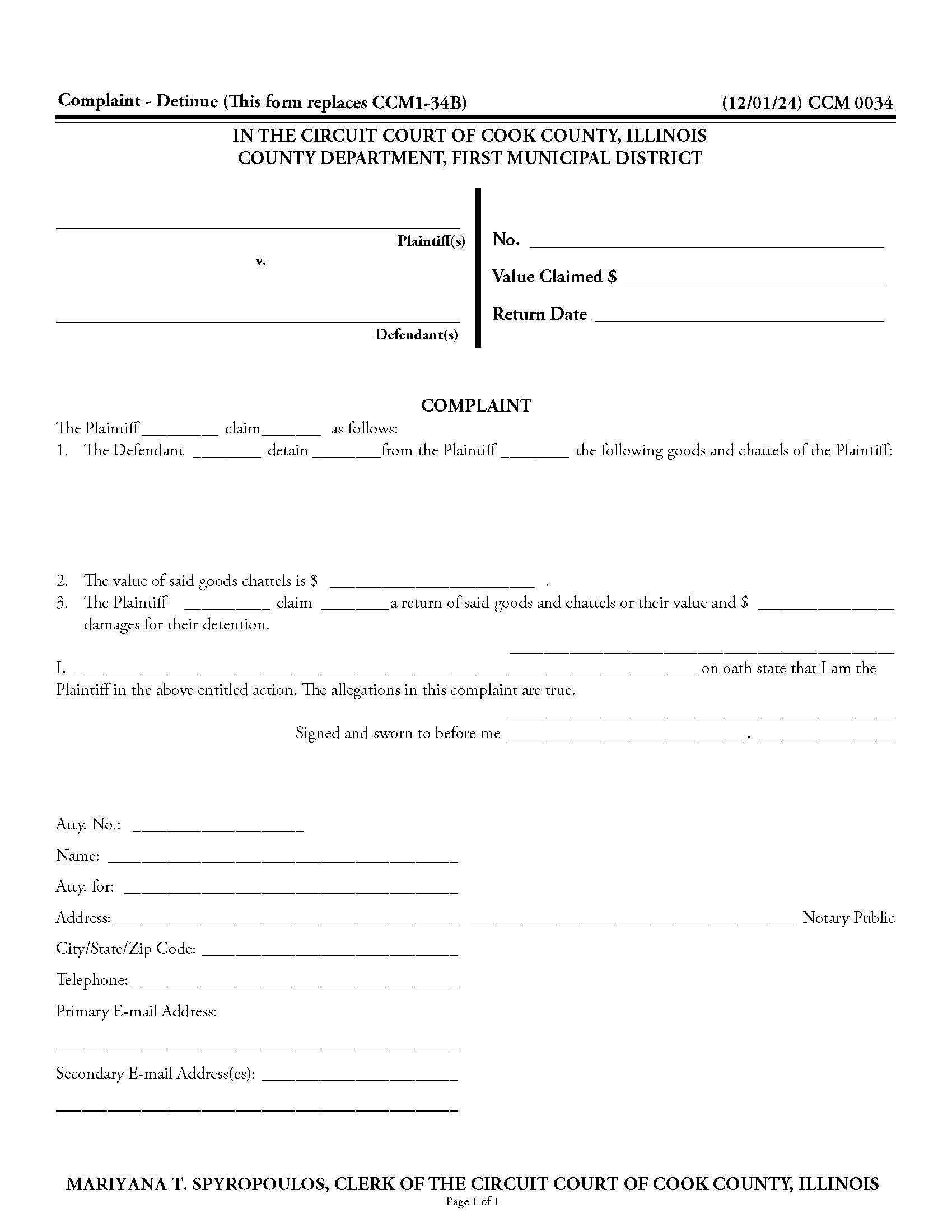 Complaint Detinue {CCM 0034} | Pdf Fpdf Docx | Illinois