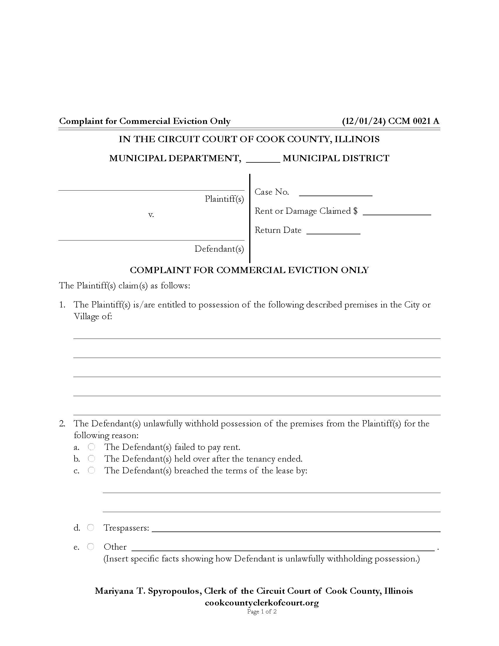Complaint For Commercial Eviction Only {CCM 0021} | Pdf Fpdf Docx | Illinois