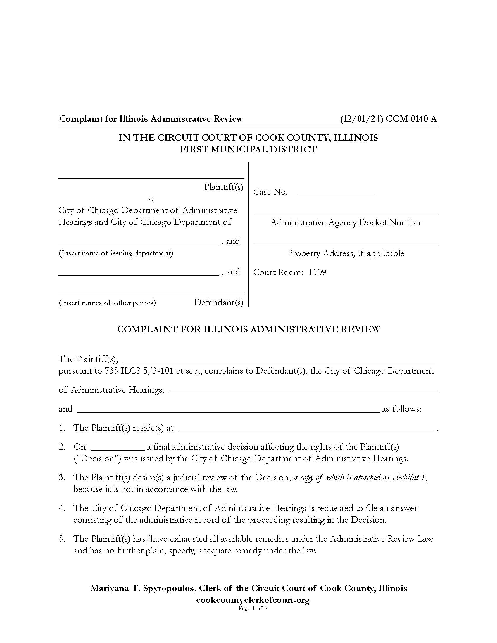 Complaint For Illinois Administrative Review {CCM 0140} | Pdf Fpdf Doc Docx | Illinois
