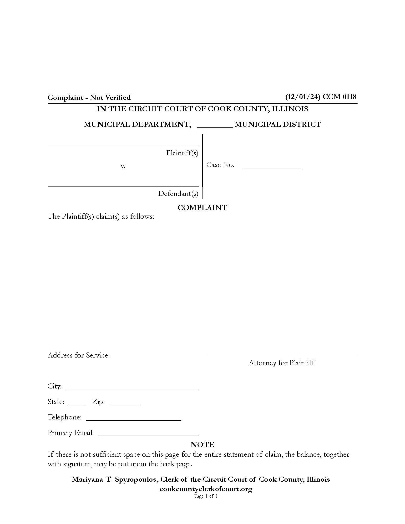 Complaint Not Verfied {CCM 0118} | Pdf Fpdf Docx | Illinois