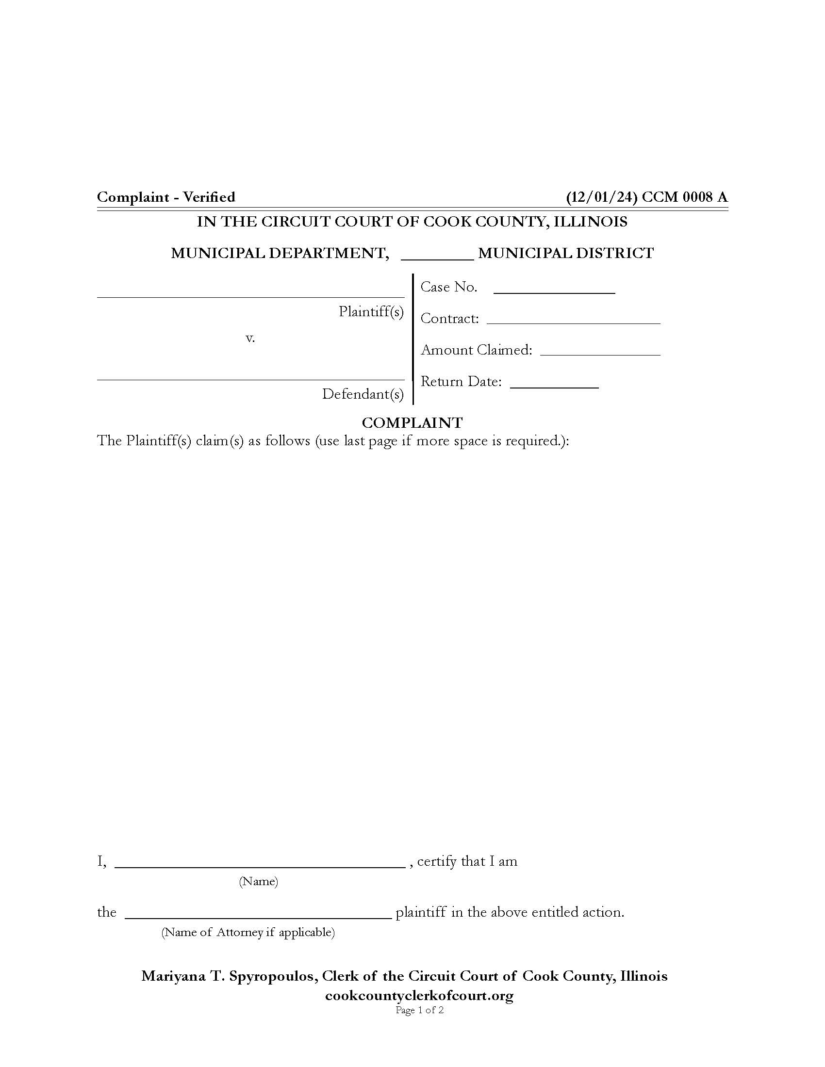 Complaint Verified {CCM 0008} | Pdf Fpdf Docx | Illinois
