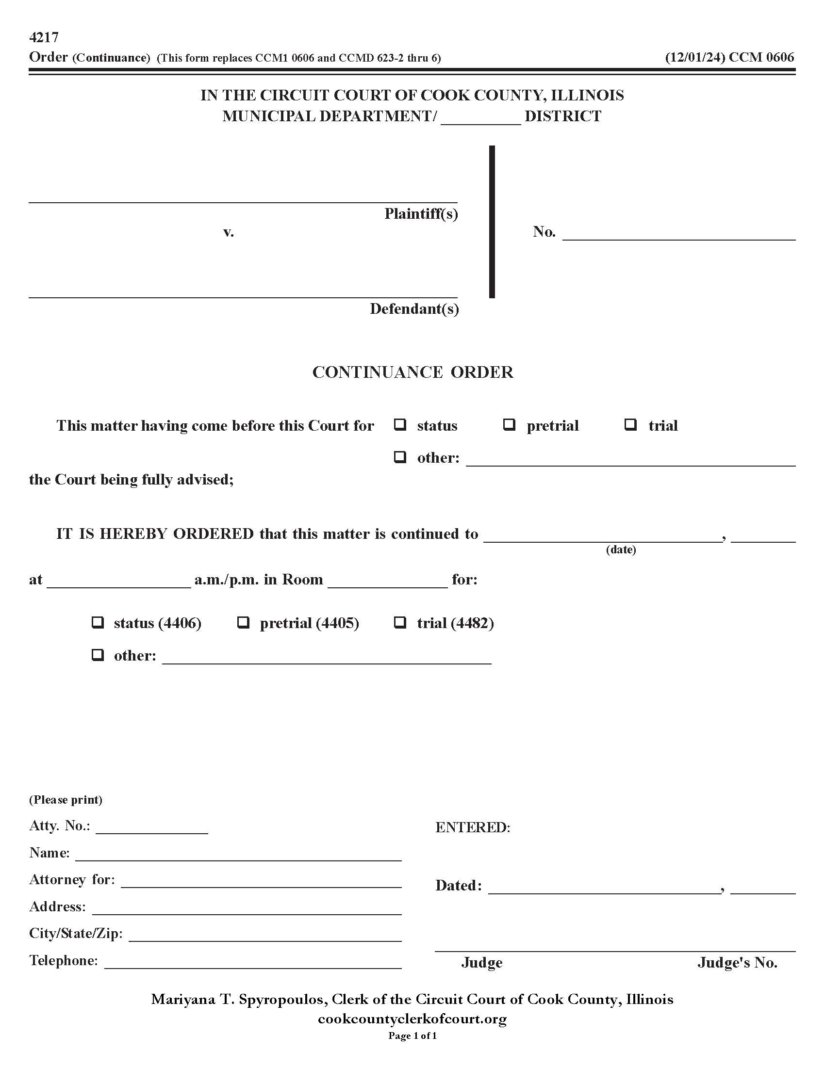 Continuance Order {CCM 0606} | Pdf Fpdf Docx | Illinois