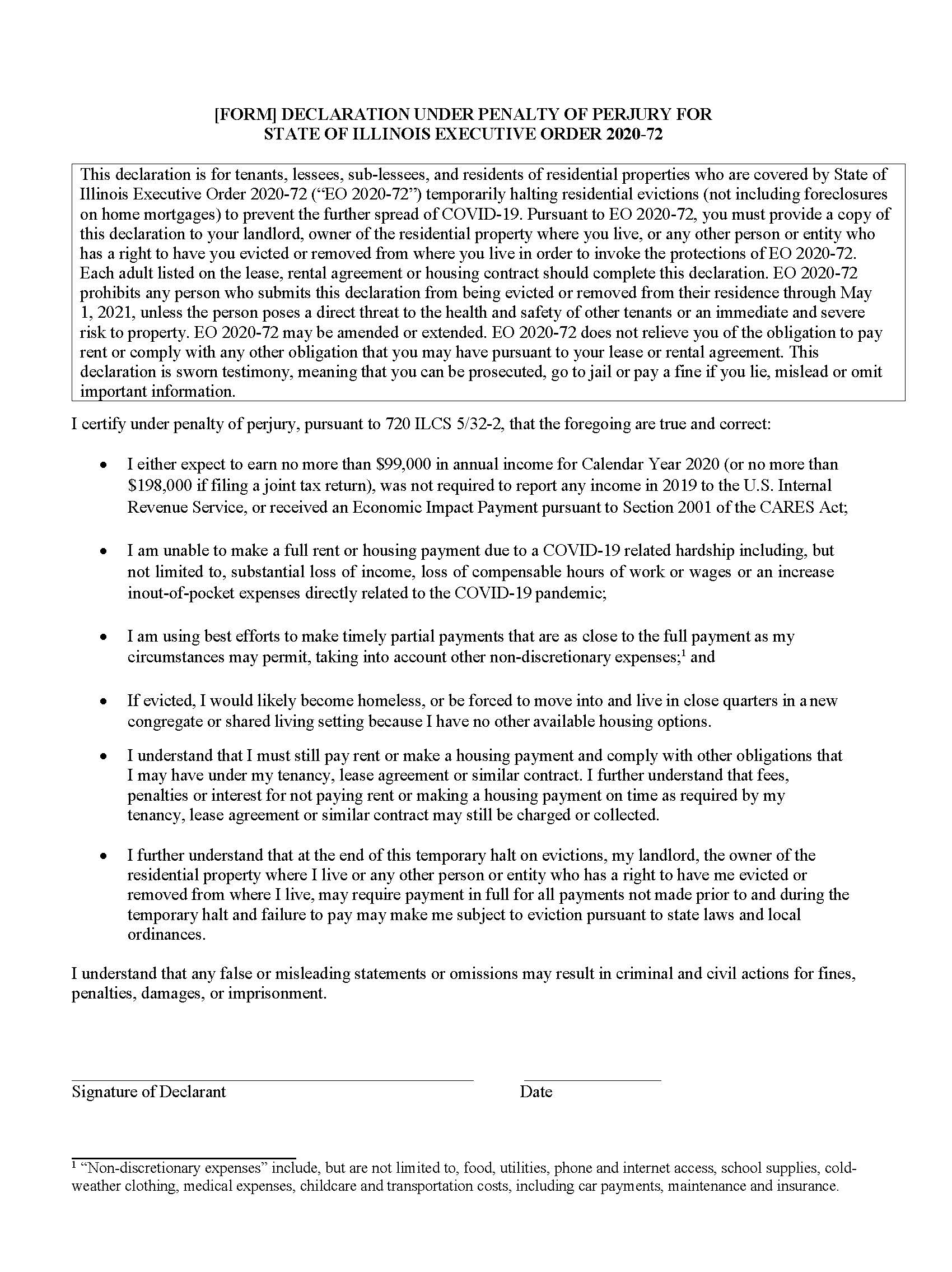 Declaration Under Penalty Of Perjury (Tenant COVID Form) {CCM 0055} | Pdf Fpdf Docx | Illinois