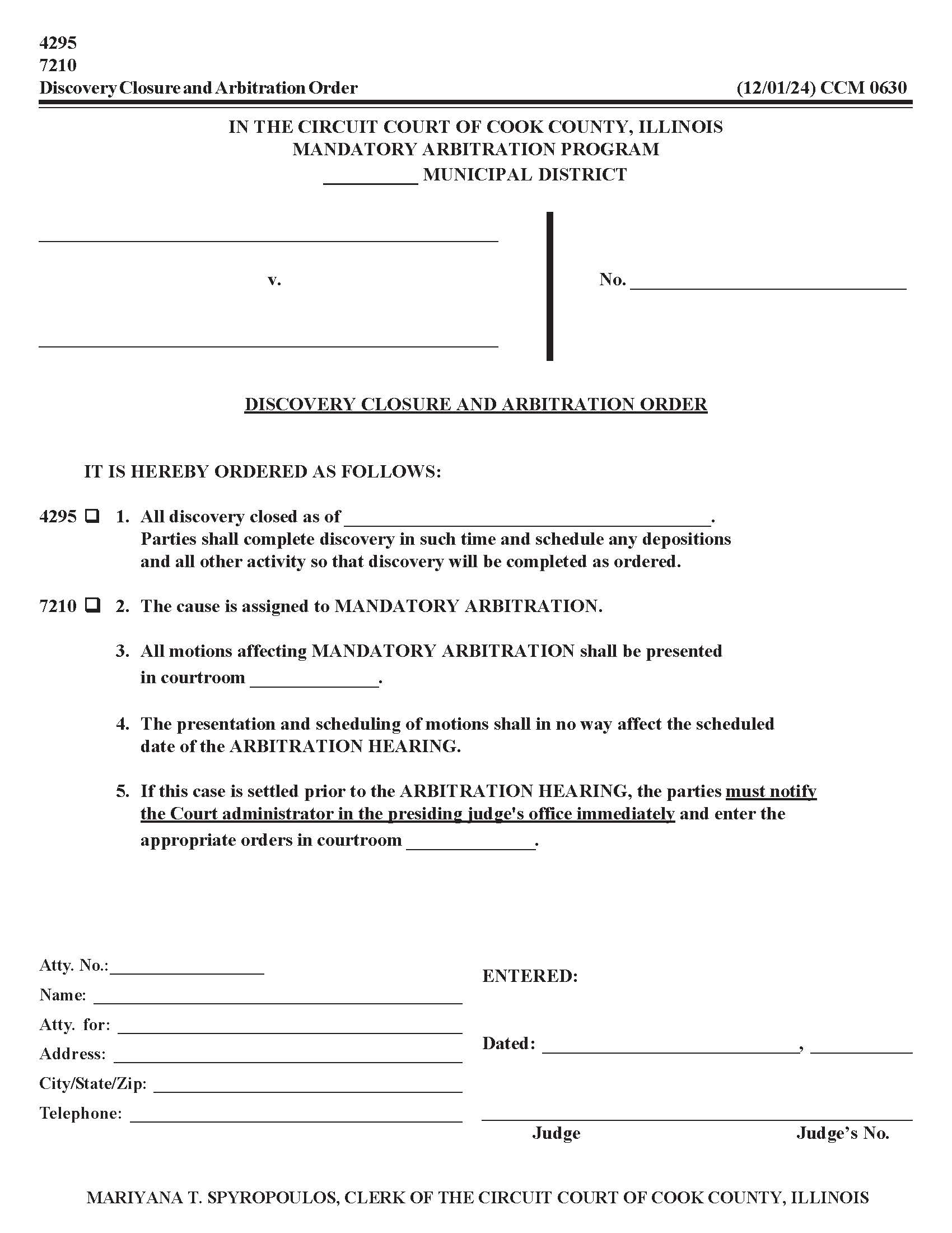 Discovery Closure And Arbitration Order {CCM 0630} | Pdf Fpdf Doc Docx | Illinois