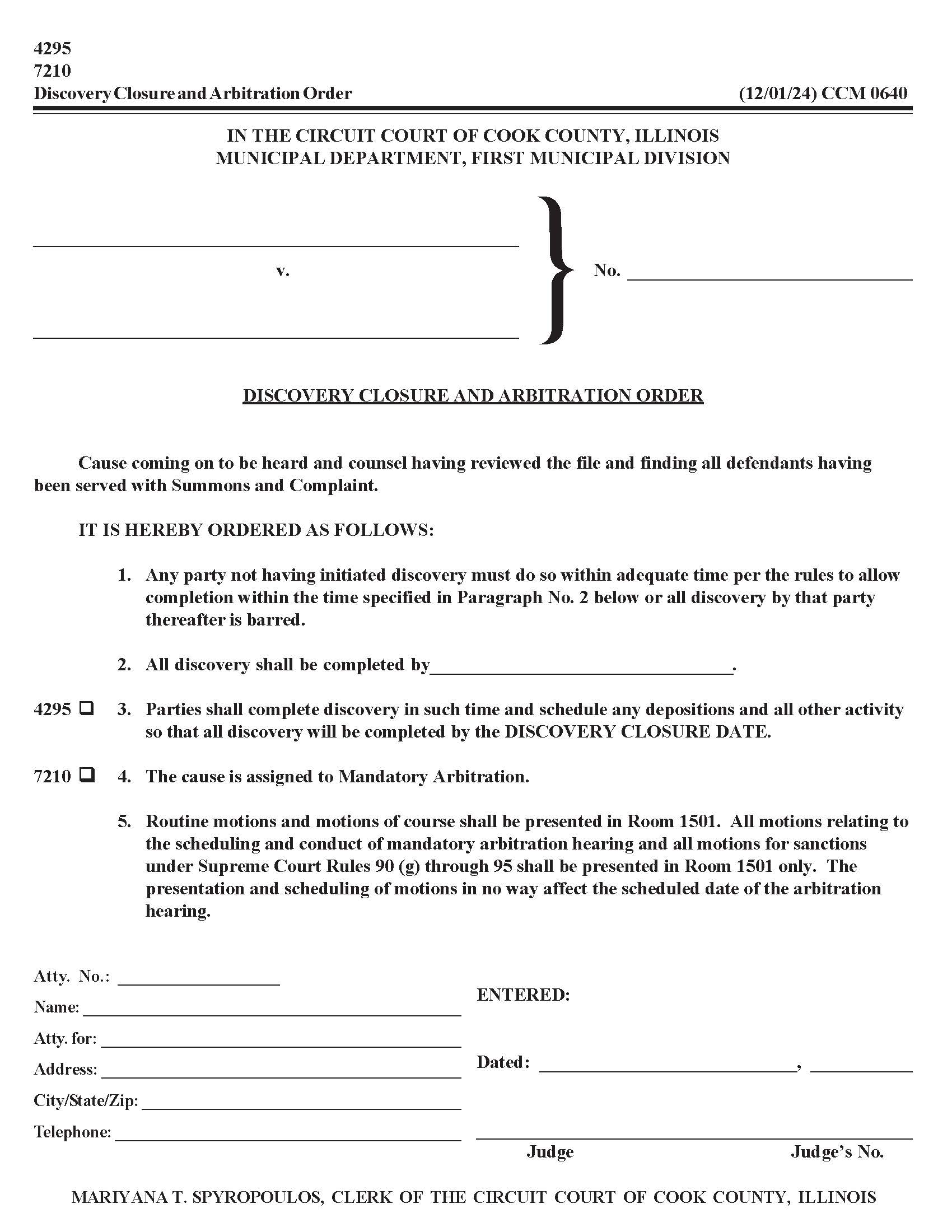 Discovery Closure And Arbitration Order {CCM 0640} | Pdf Fpdf Doc Docx | Illinois