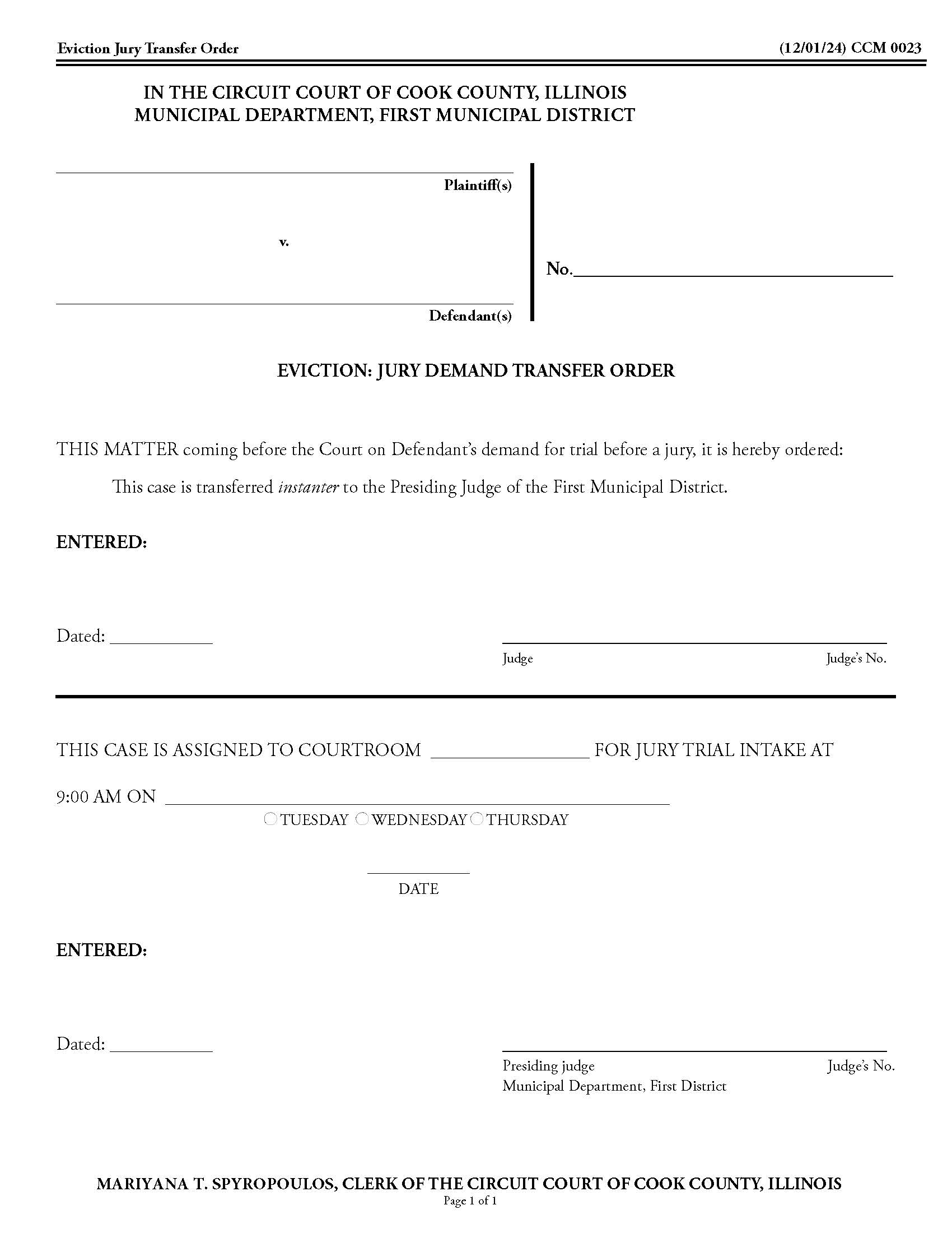 Eviction Jury Demand Transfer Order {CCM 0023} | Pdf Fpdf Docx | Illinois