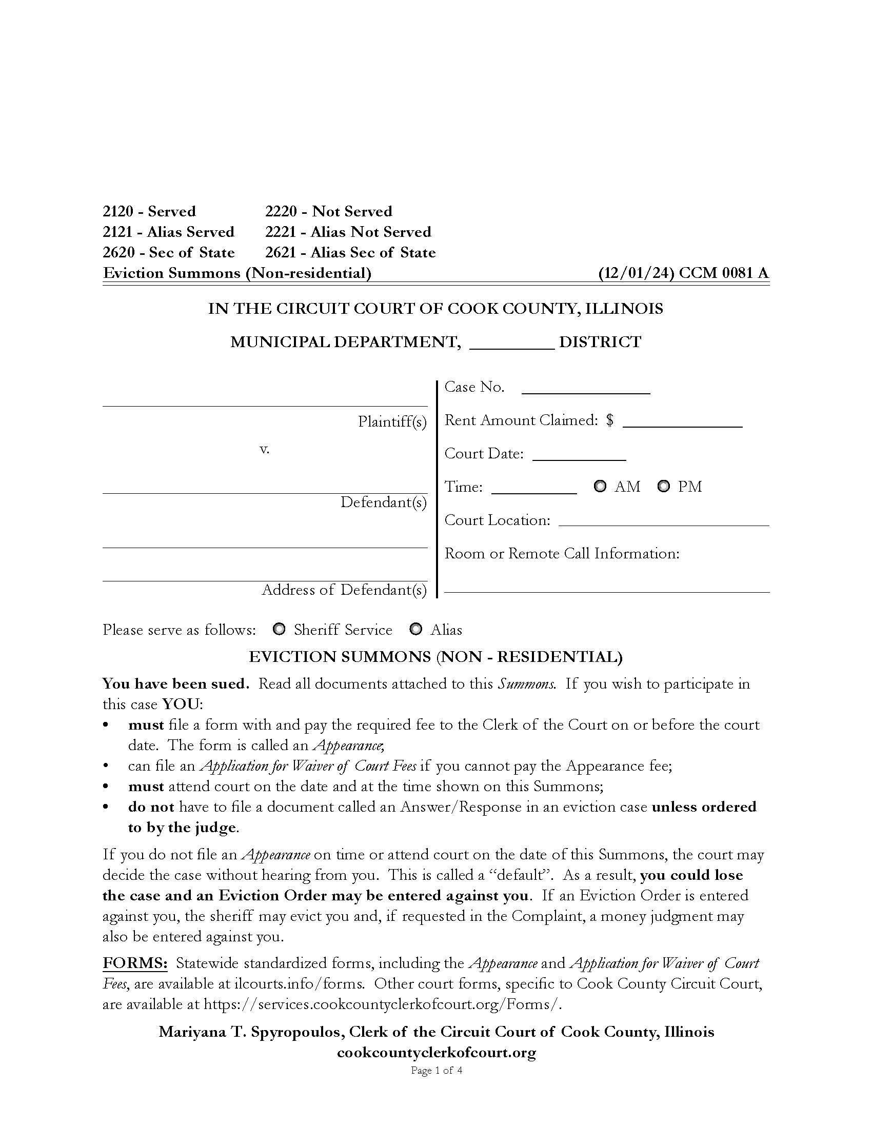 Eviction Summons (Non-Residential) {CCM 0081} | Pdf Fpdf Docx | Illinois
