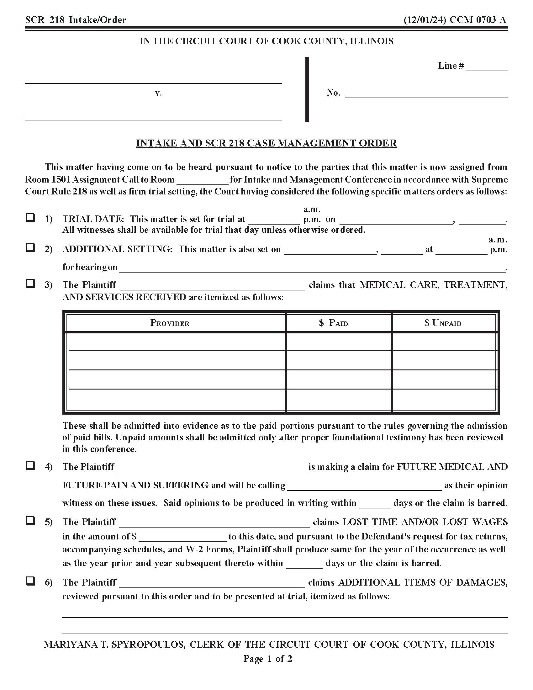 Intake And SCR 218 Case Management Order {CCM 0703} | Pdf Fpdf Docx | Illinois