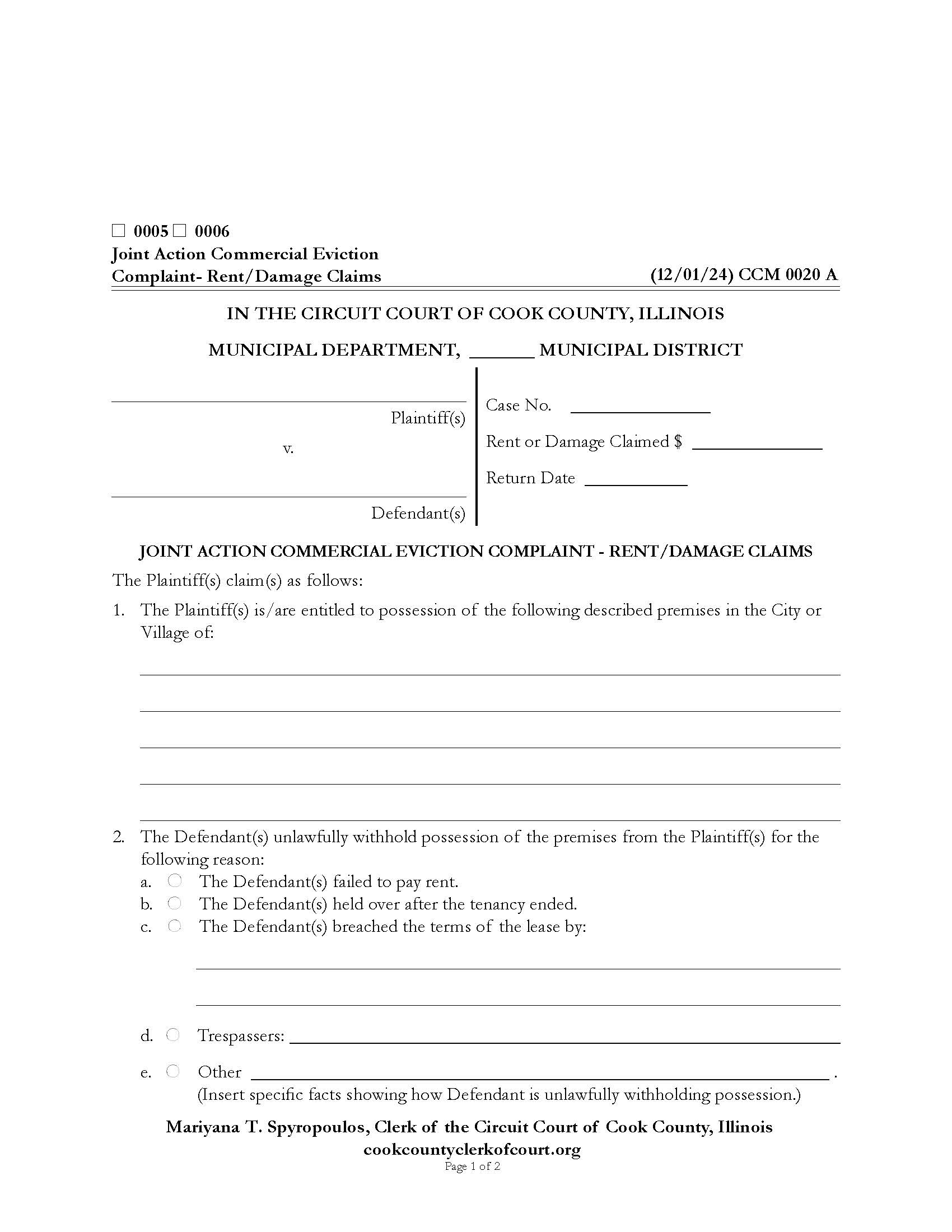 Joint Action Commercial Eviction Complaint - Rent-Damage Claims {CCM 0020} | Pdf Fpdf Docx | Illinois