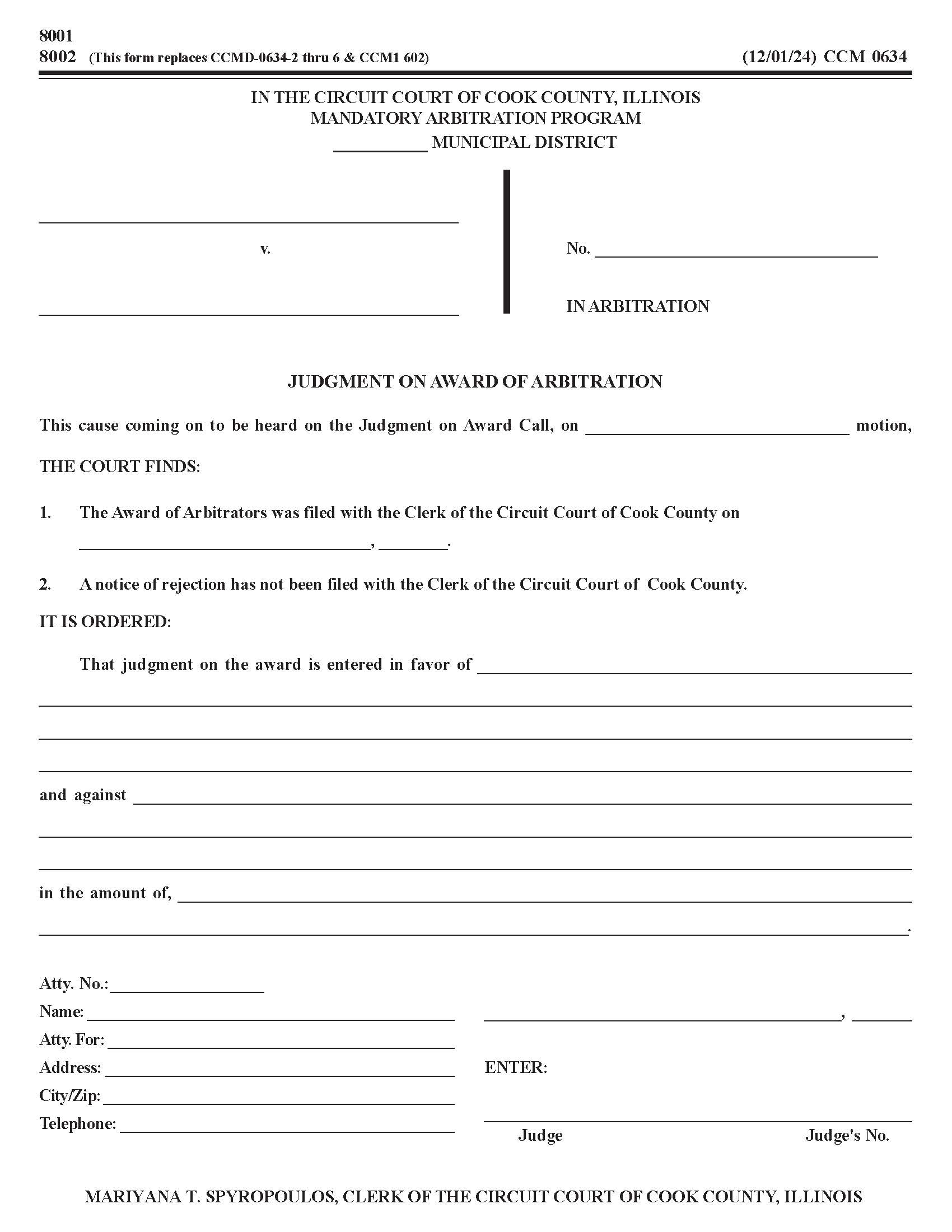 Judgment On Award Of Arbitration {CCM 0634} | Pdf Fpdf Doc Docx | Illinois